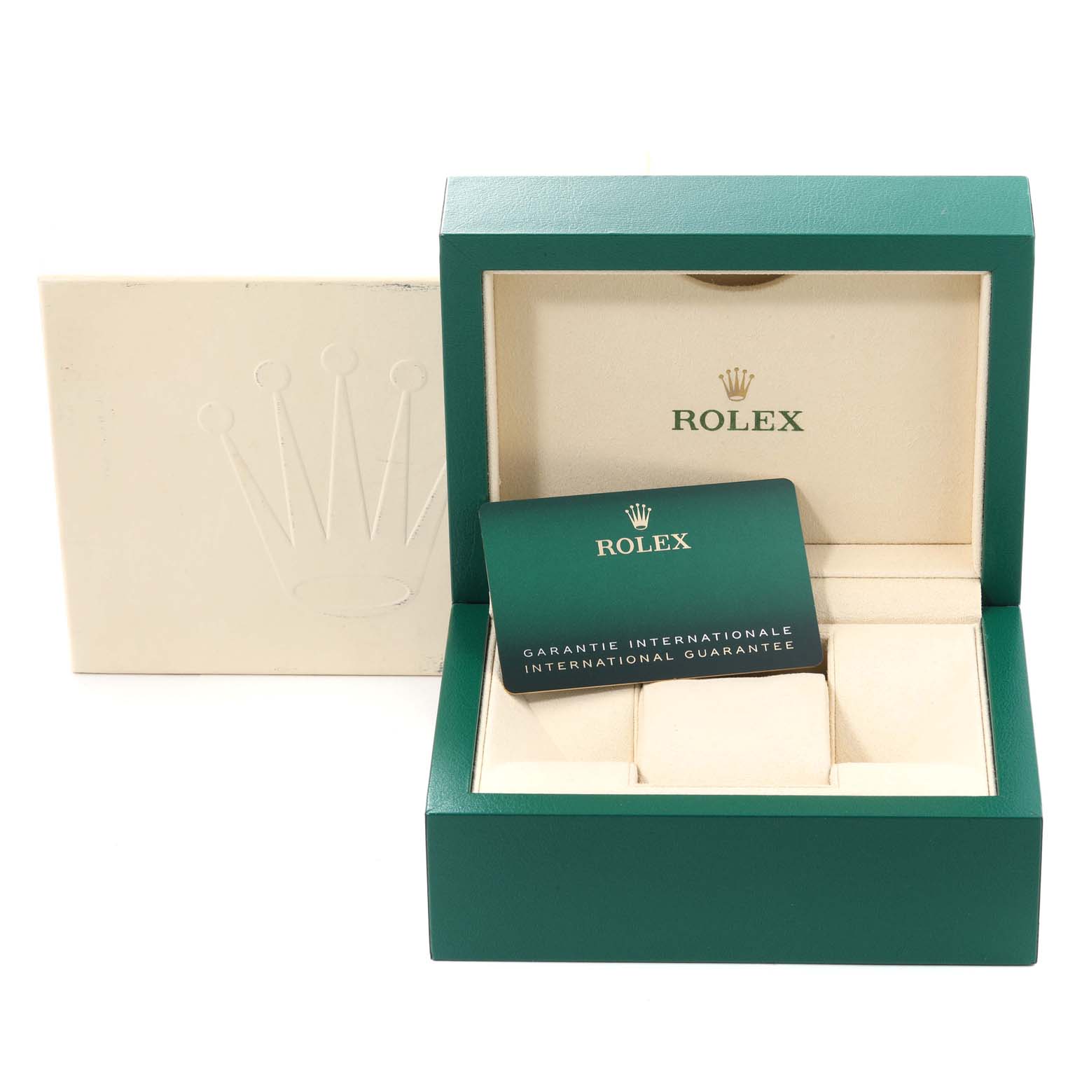 The image shows an open Rolex Air-King 116900 Men's Stainless Steel Black Dial 116900 Men's Stainless Steel Black Dial watch box with a guarantee card inside, viewed from a slightly elevated front angle.