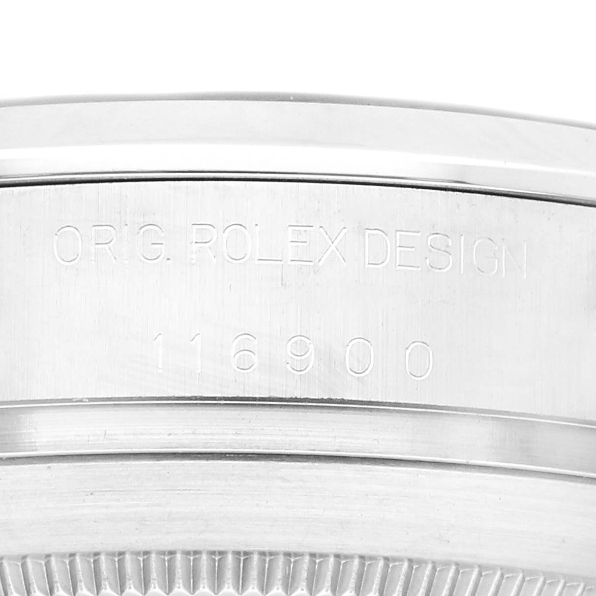 This image shows a close-up of the side of a Rolex Air-King 116900 Men's Stainless Steel Black Dial 116900 Men's Stainless Steel Black Dial watch case, highlighting the engraved model number 116900.