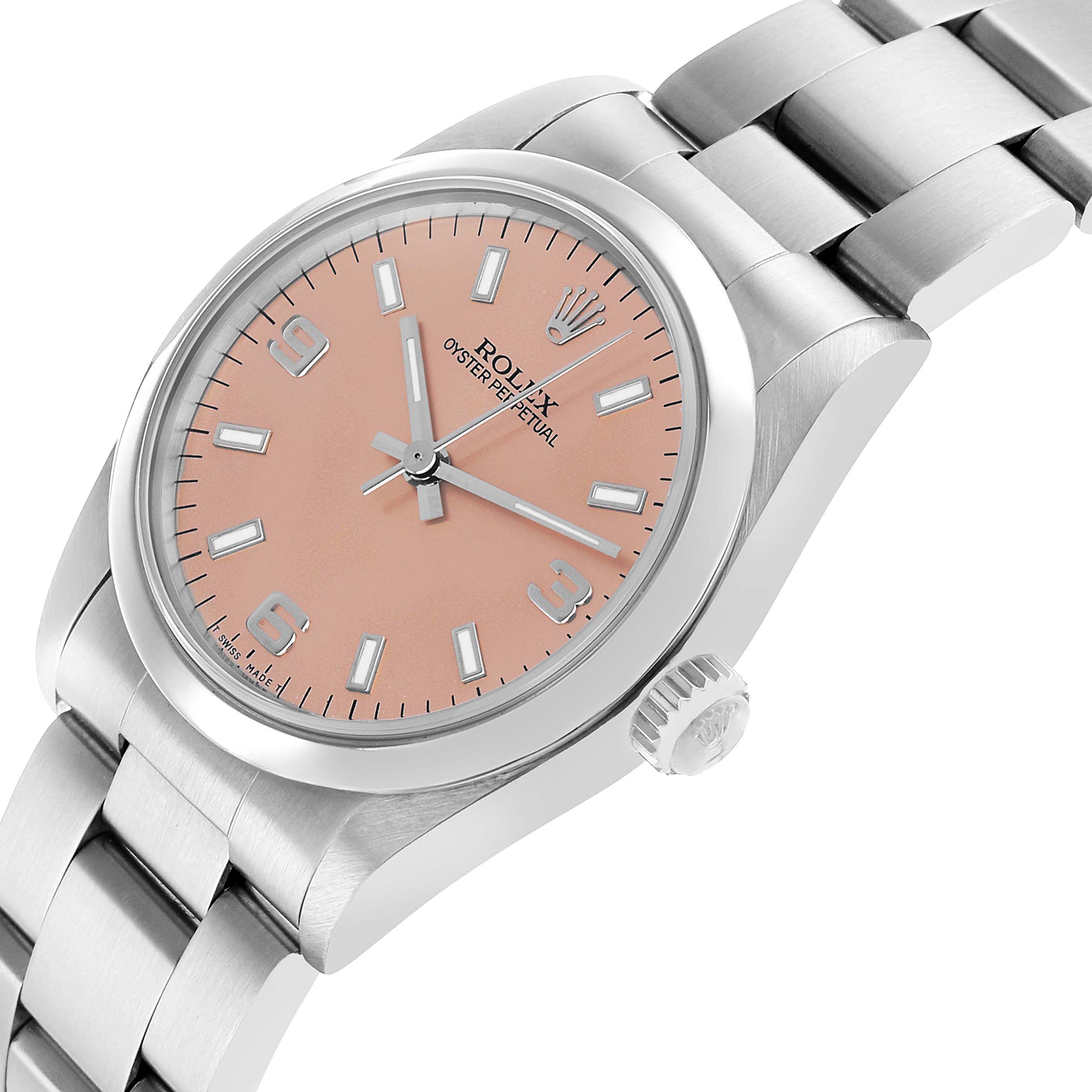 The Rolex Oyster Perpetual Mid-Size watch is shown at an angled side view, highlighting the face, crown, and bracelet.