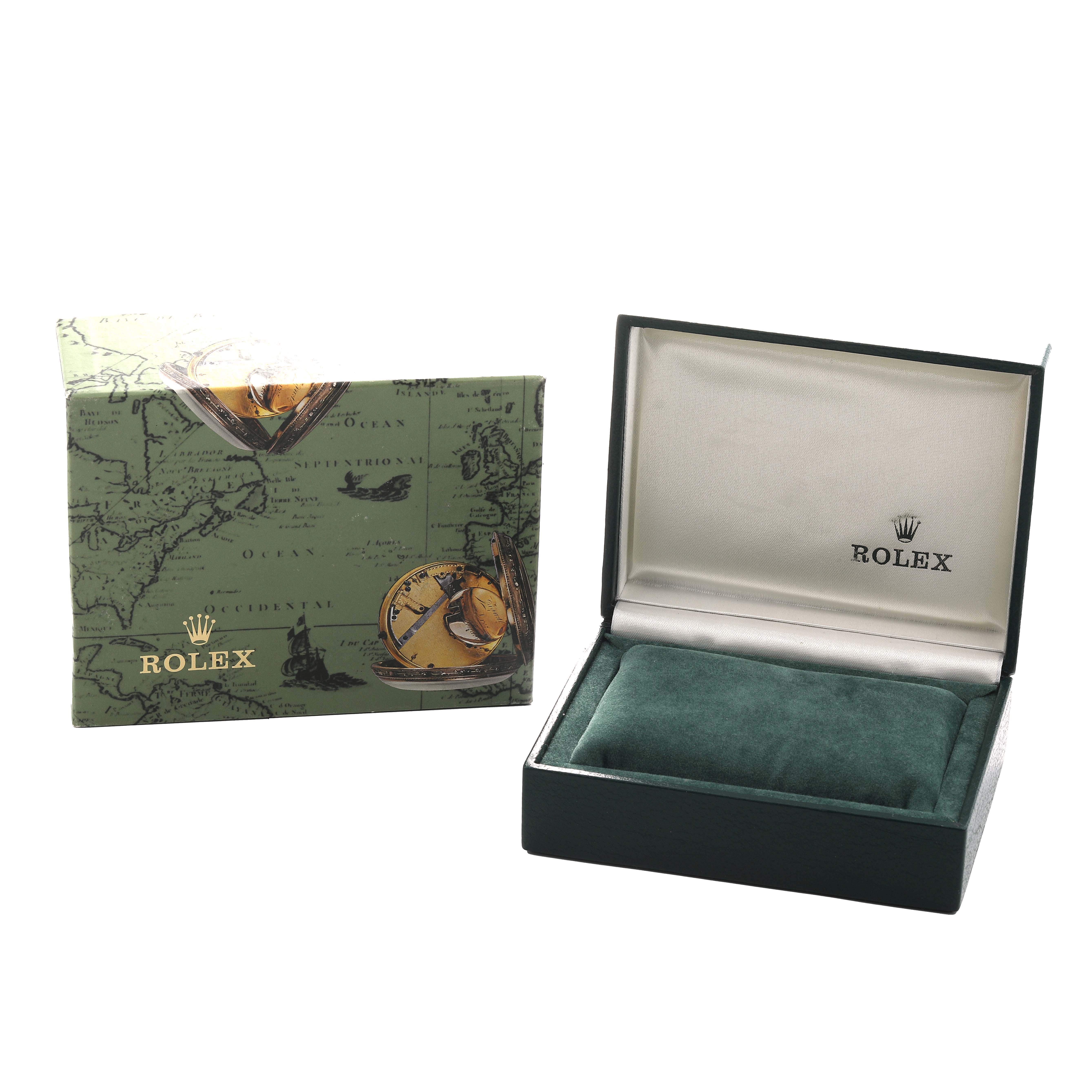 The image shows a Rolex box at an angle, revealing a Mid-Size watch box with an outer decorative cover and an inner cushioned compartment.