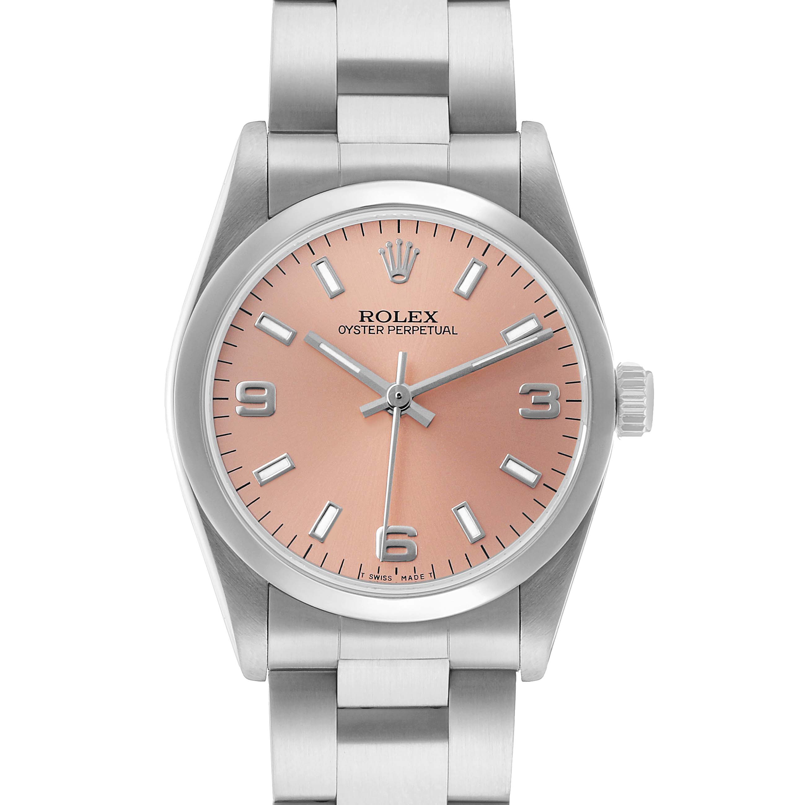 The Rolex Oyster Perpetual Mid-Size watch is shown from the front, displaying the dial, bezel, and bracelet.