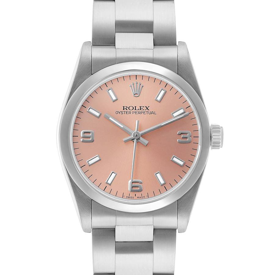 The Rolex Oyster Perpetual Mid-Size watch is shown from the front, displaying the dial, bezel, and bracelet.