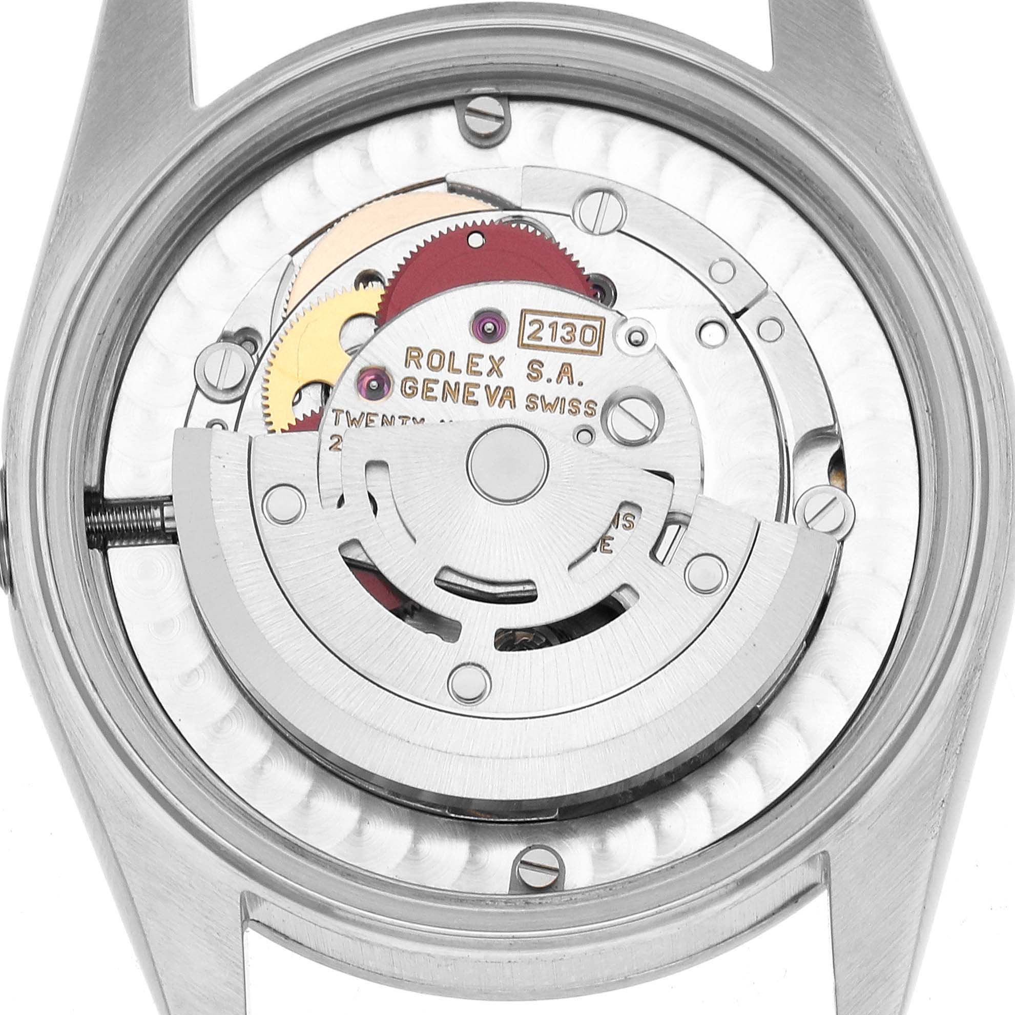 The image shows the movement and internal components of a Rolex Mid-Size 67480 Women's Stainless Steel Pink Dial watch, viewed from the back.
