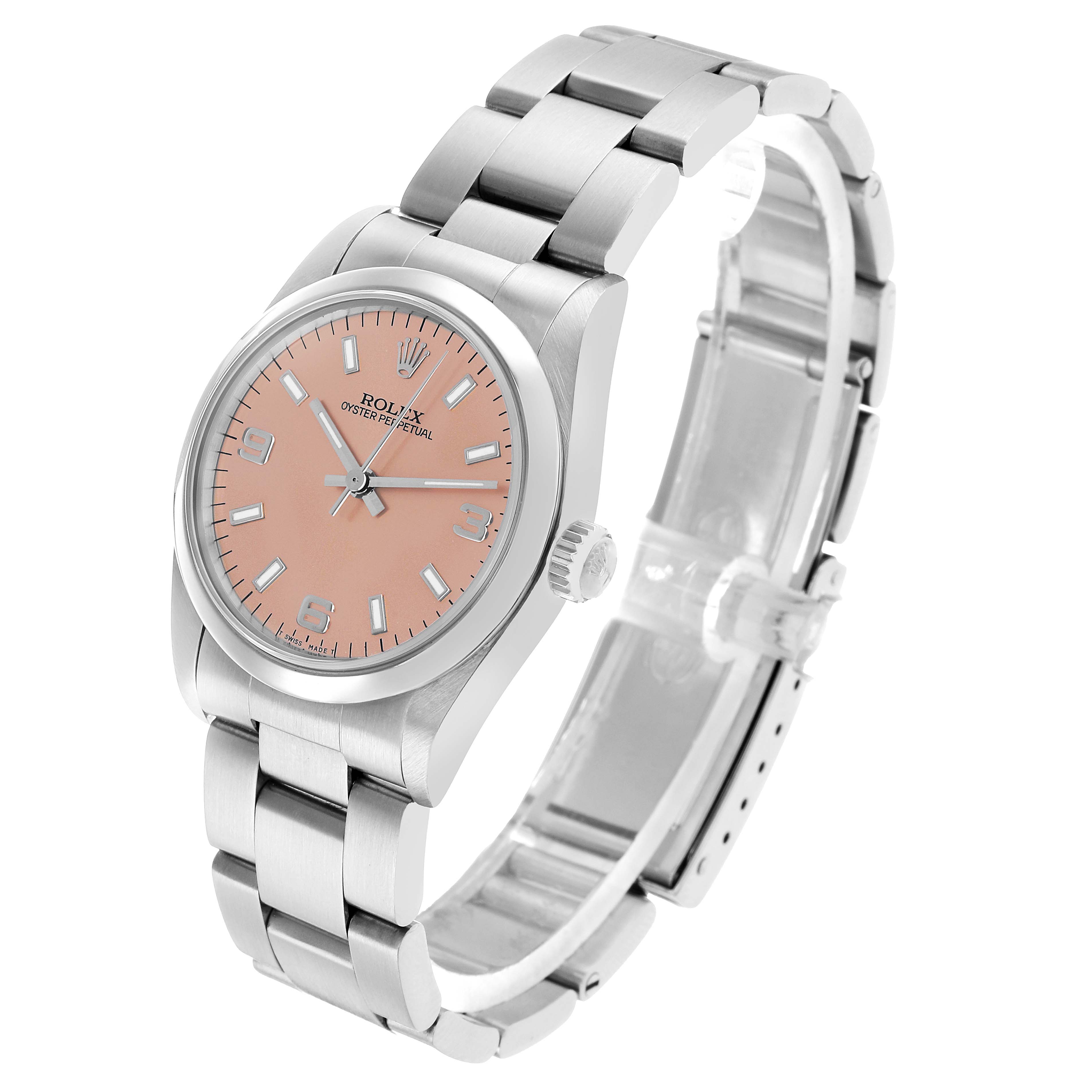 The Rolex Mid-Size 67480 Women's Stainless Steel Pink Dial watch is shown at a three-quarter angle, displaying the face, bezel, crown, and bracelet.