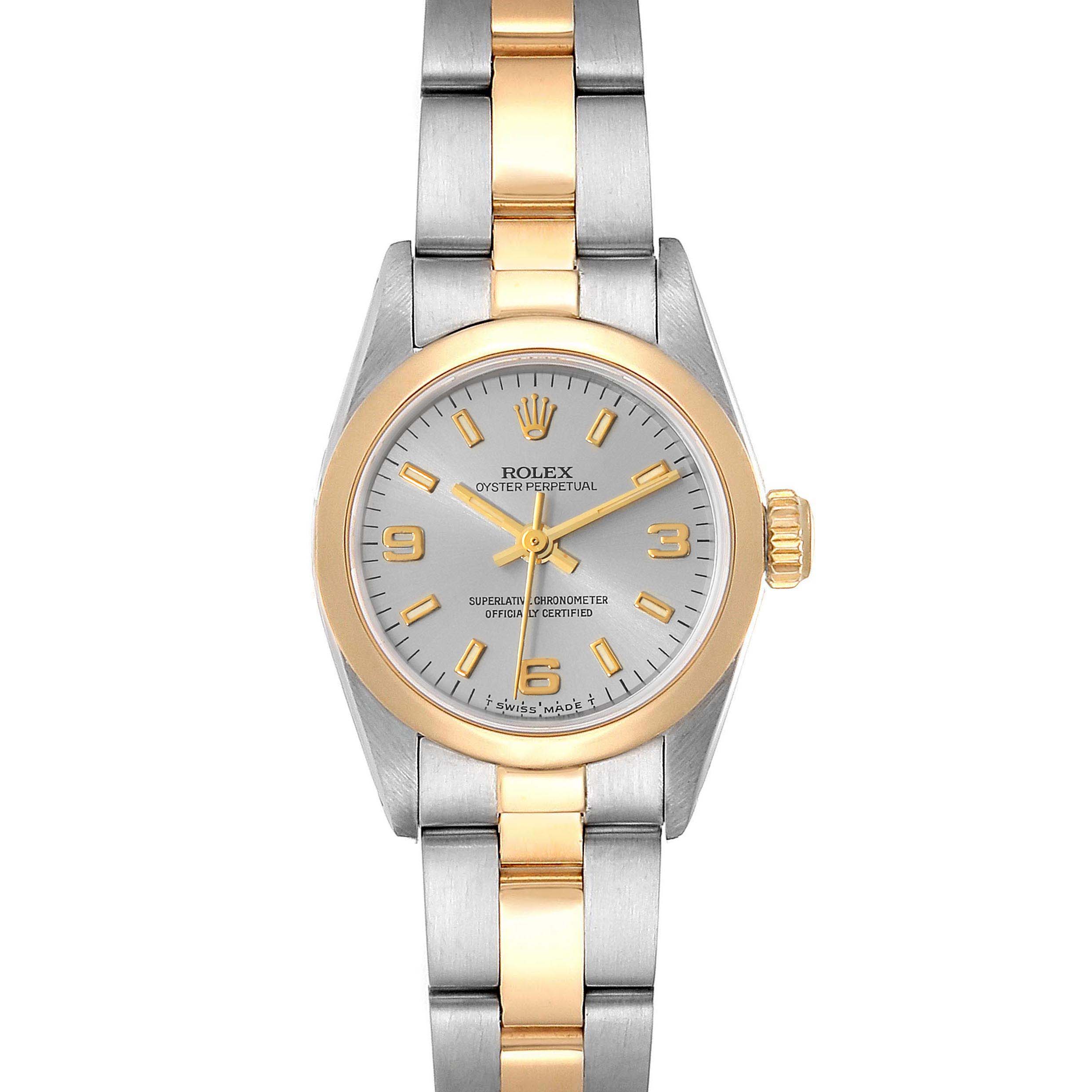 This image shows a front view of the Rolex Oyster Perpetual 76193 Women's Steel and Gold (two tone) Grey Dial 76193 Women's Steel and Gold (two tone) Grey Dial watch, highlighting its dial, bezel, and bracelet.