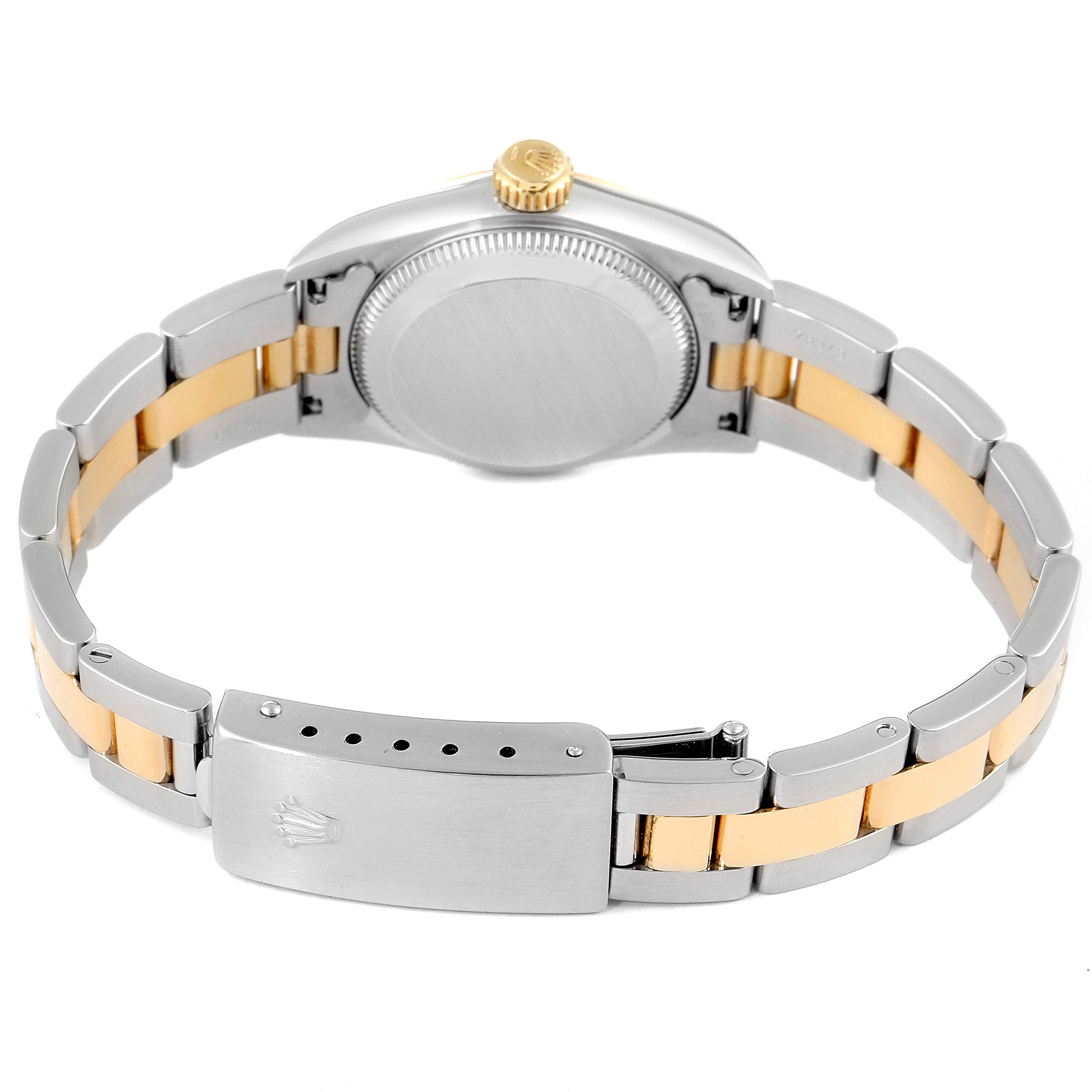 This image shows the back view of a Rolex Oyster Perpetual 76193 Women's Steel and Gold (two tone) Grey Dial 76193 Women's Steel and Gold (two tone) Grey Dial watch, highlighting the bracelet and clasp.