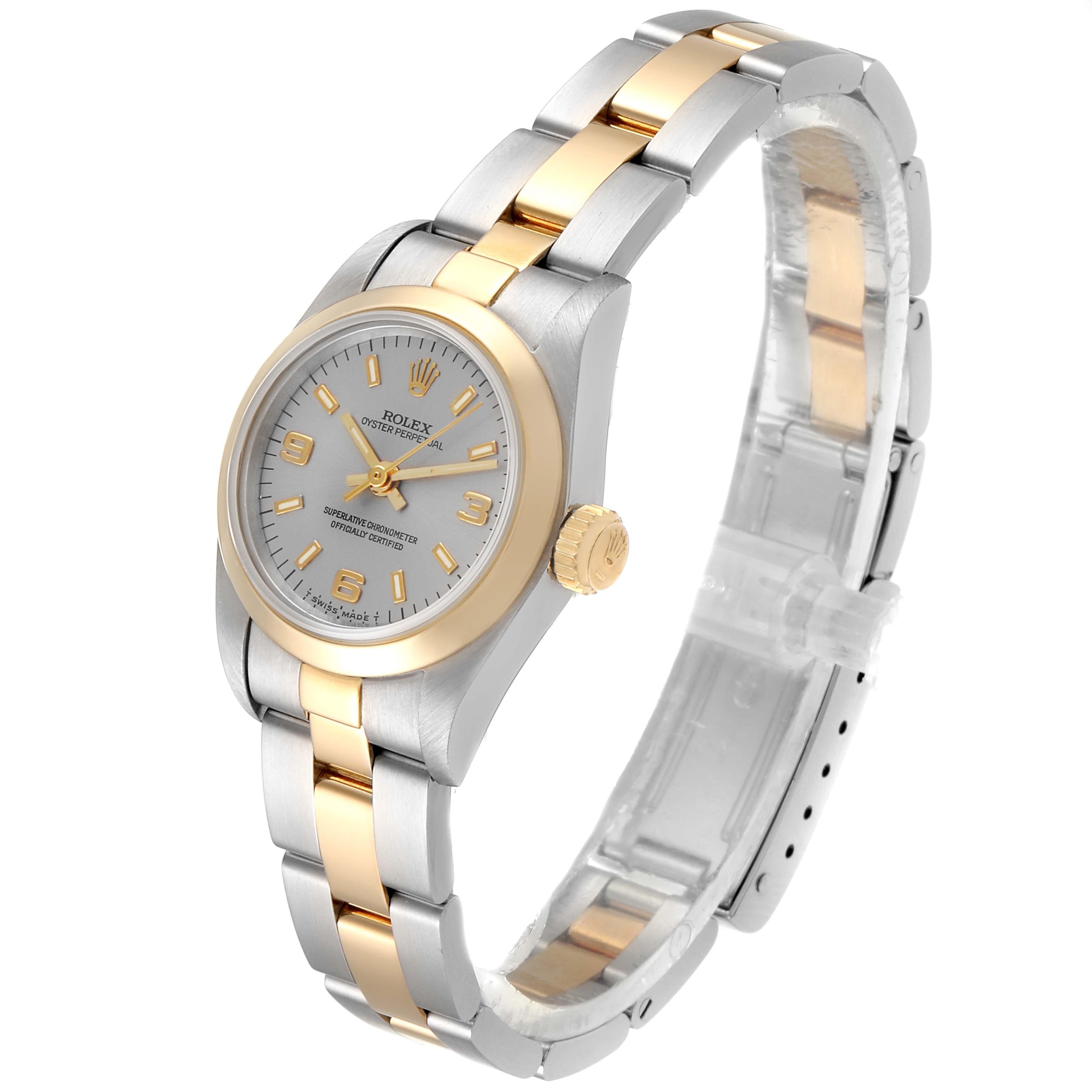 The Rolex Oyster Perpetual 76193 Women's Steel and Gold (two tone) Grey Dial 76193 Women's Steel and Gold (two tone) Grey Dial watch is shown at a slight side angle, displaying its two-tone bracelet, crown, and face.
