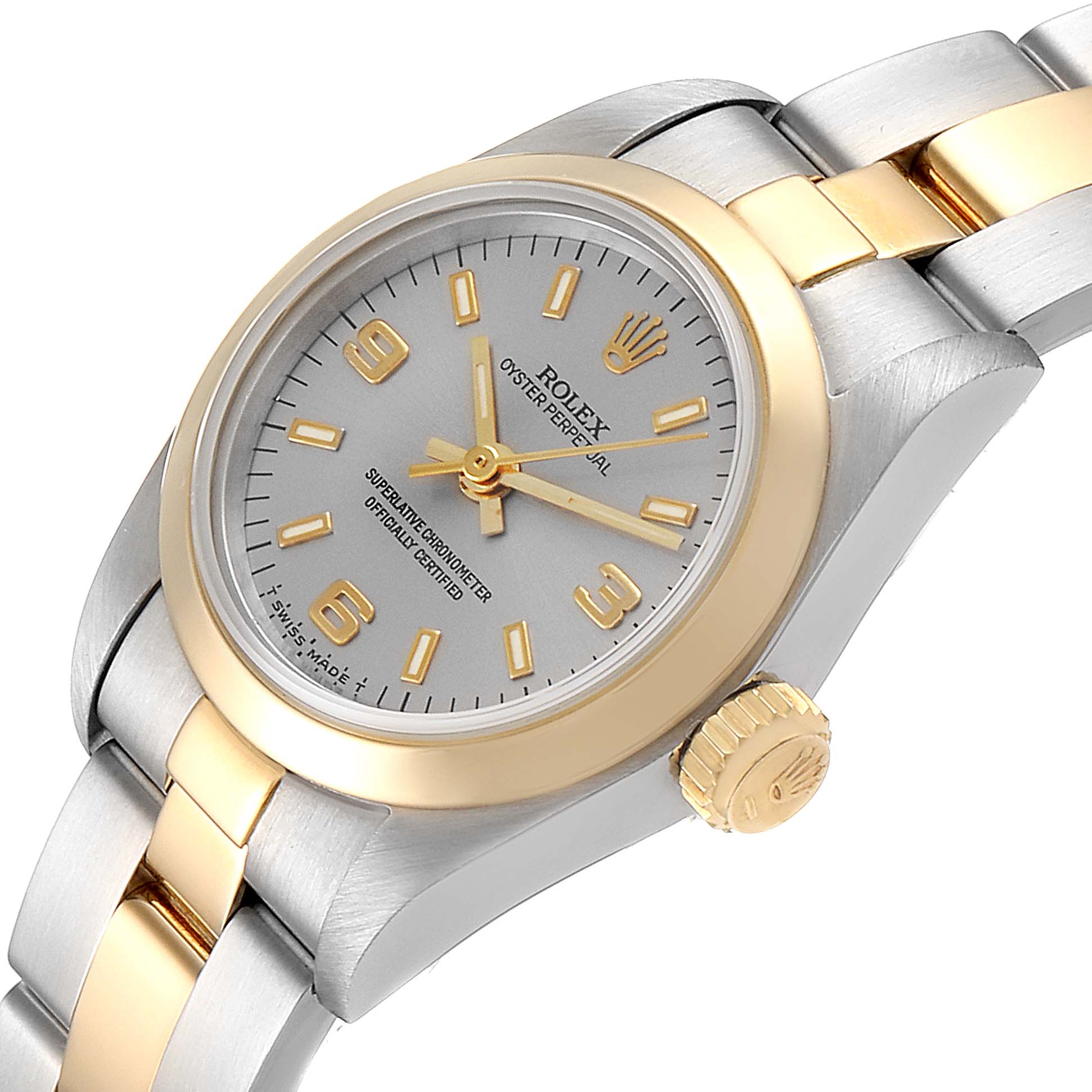 The image shows a side angle of the Rolex Oyster Perpetual 76193 Women's Steel and Gold (two tone) Grey Dial 76193 Women's Steel and Gold (two tone) Grey Dial watch, highlighting the dial, crown, and two-tone bracelet.