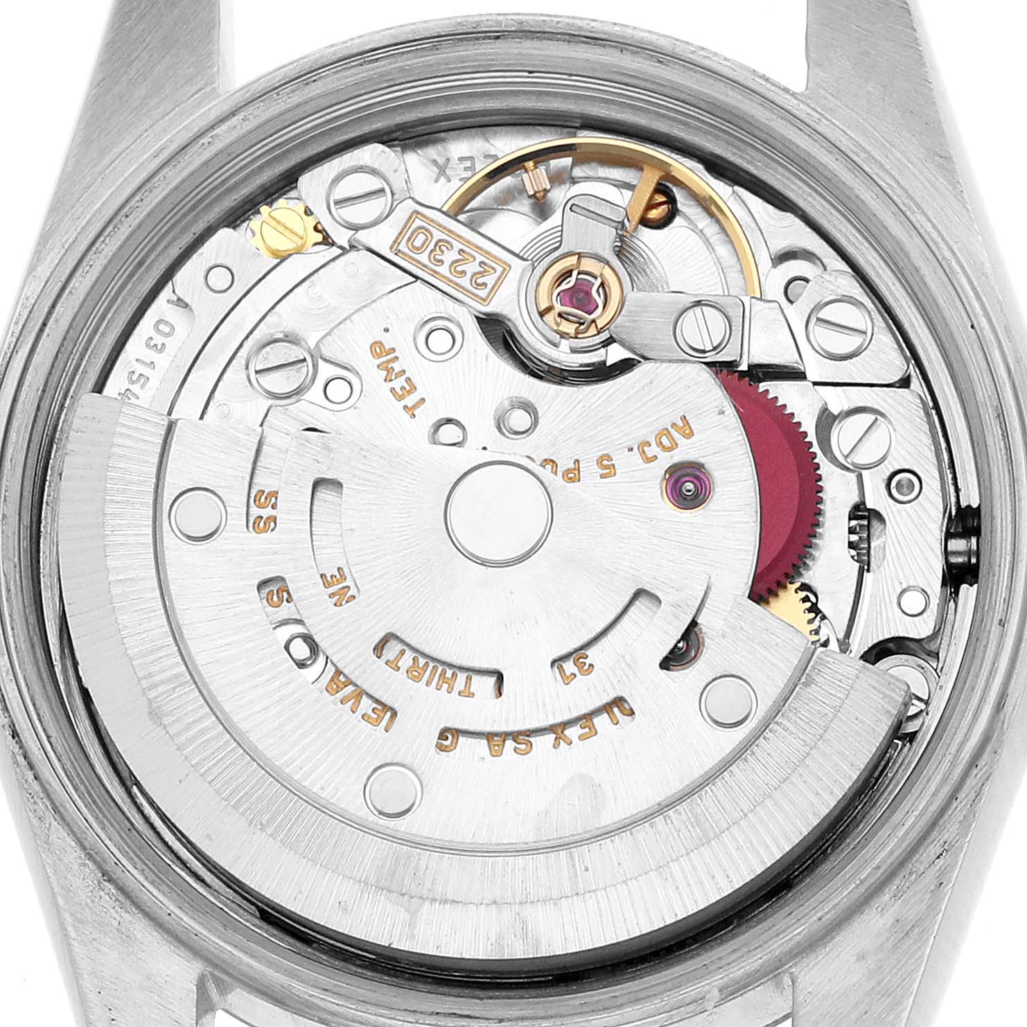The image shows the back view of a Rolex Oyster Perpetual 76030 Women's Stainless Steel White Dial watch, highlighting its movement mechanism and rotor.