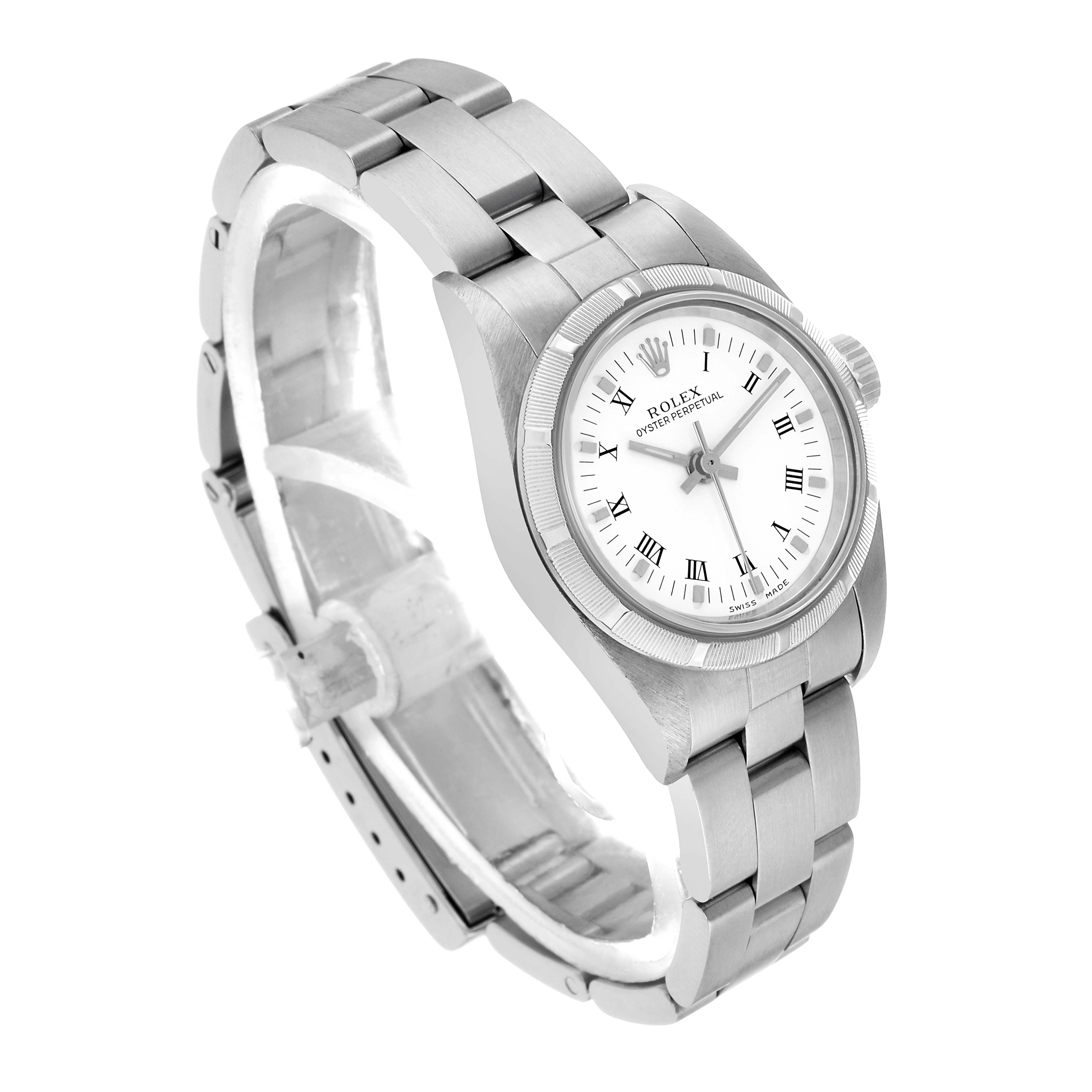 The Rolex Oyster Perpetual 76030 Women's Stainless Steel White Dial watch is shown at a three-quarter angle, highlighting the face, bezel, and bracelet.