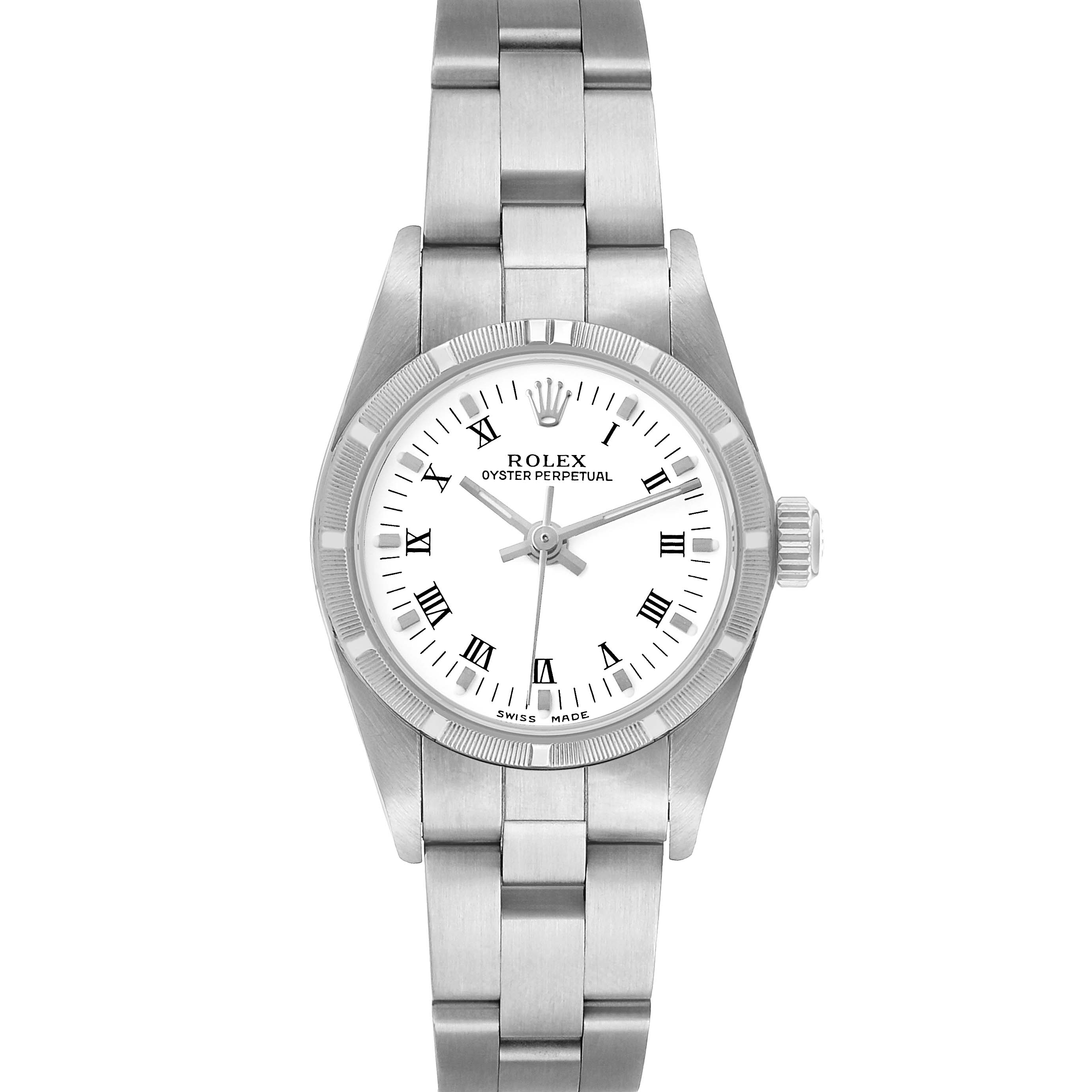 The Rolex Oyster Perpetual 76030 Women's Stainless Steel White Dial watch is shown from a top-down angle, displaying the dial, bezel, and bracelet.