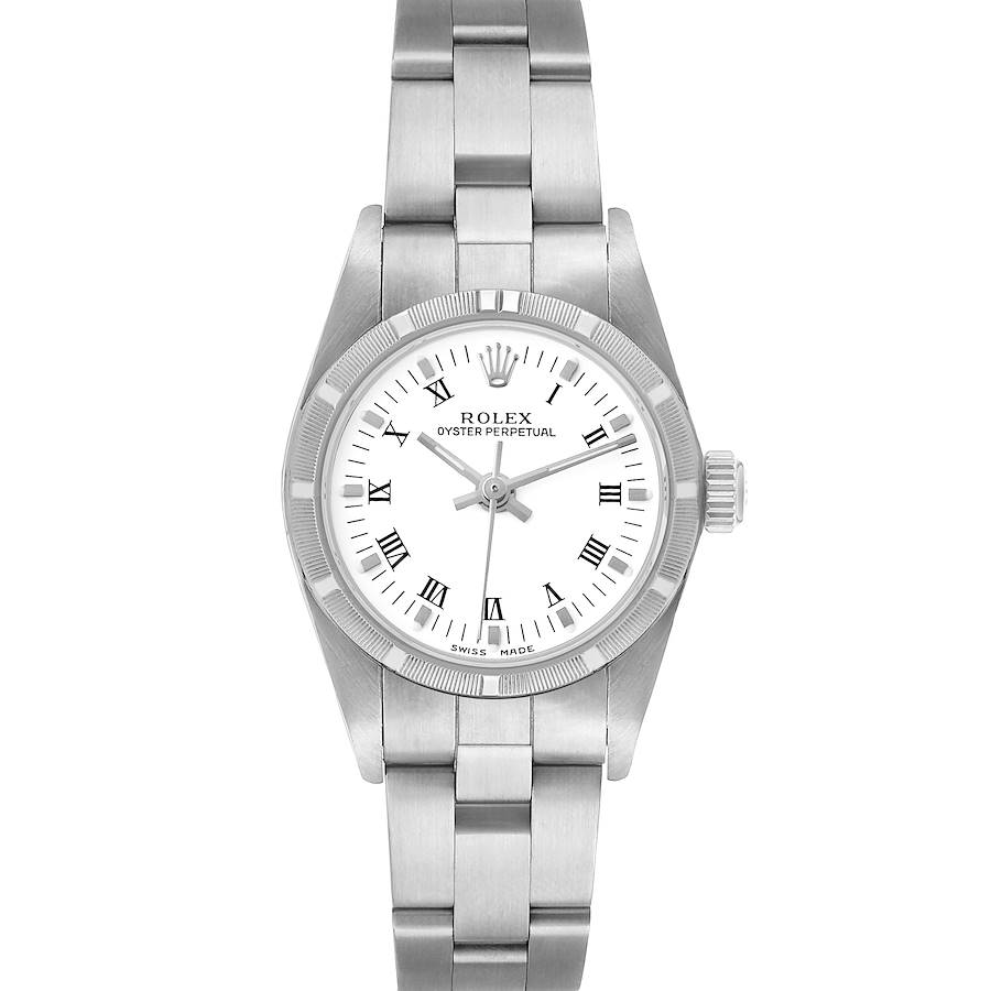 The Rolex Oyster Perpetual 76030 Women's Stainless Steel White Dial watch is shown from a top-down angle, displaying the dial, bezel, and bracelet.