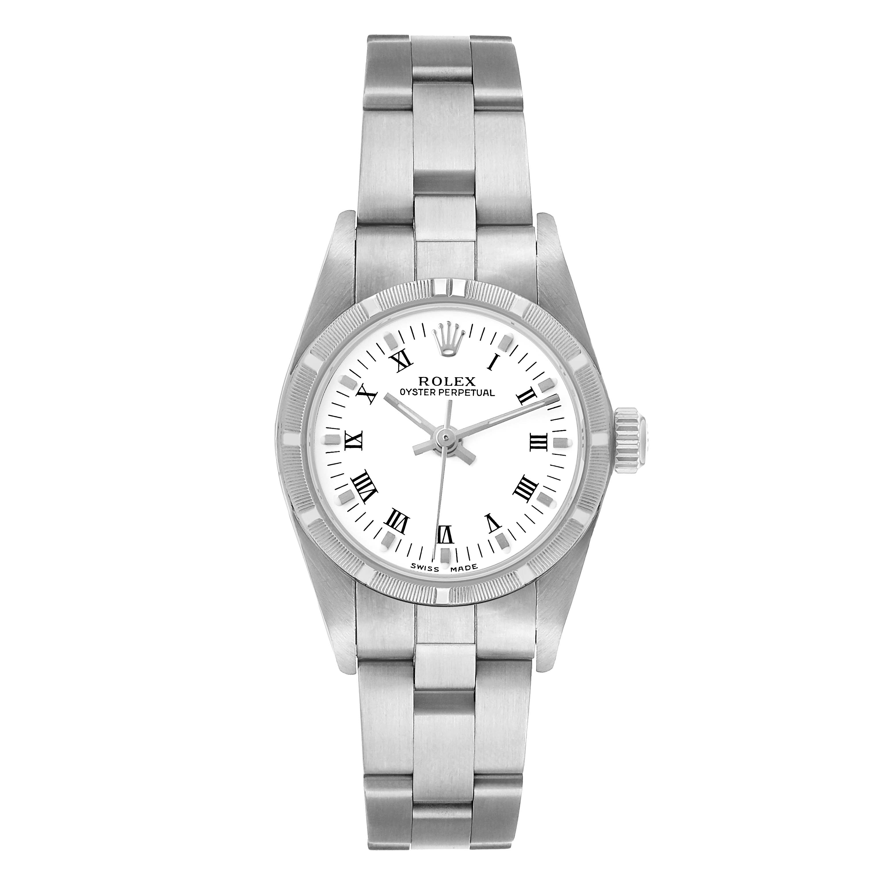 The Rolex Oyster Perpetual 76030 Women's Stainless Steel White Dial watch is shown from a top-down angle, displaying the dial, bezel, crown, and bracelet.