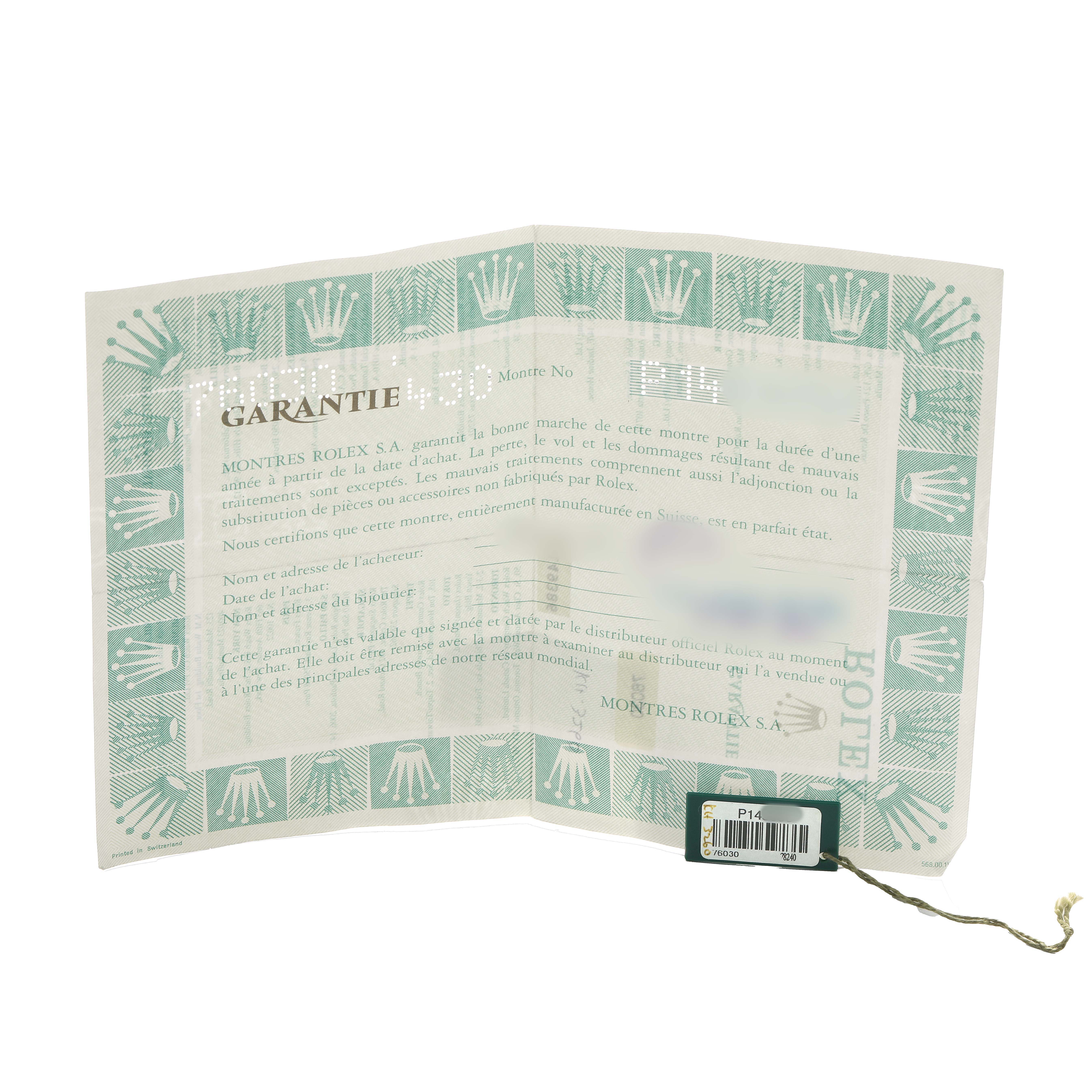 The image shows a warranty certificate and a tag for a Rolex Oyster Perpetual 76030 Women's Stainless Steel White Dial watch.