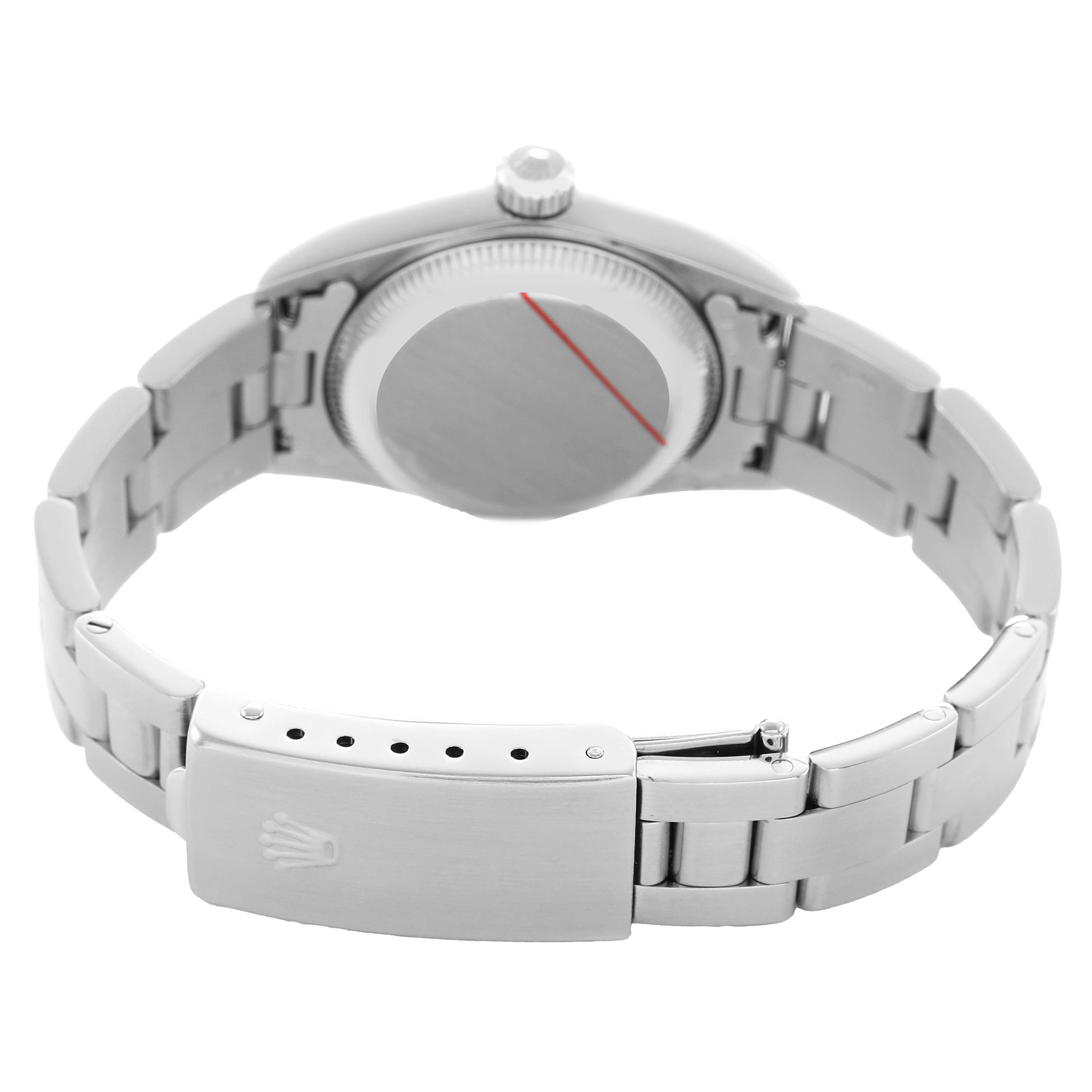 The image shows the back of a Rolex Oyster Perpetual 76030 Women's Stainless Steel White Dial watch at an angle, highlighting the case back and bracelet clasp.