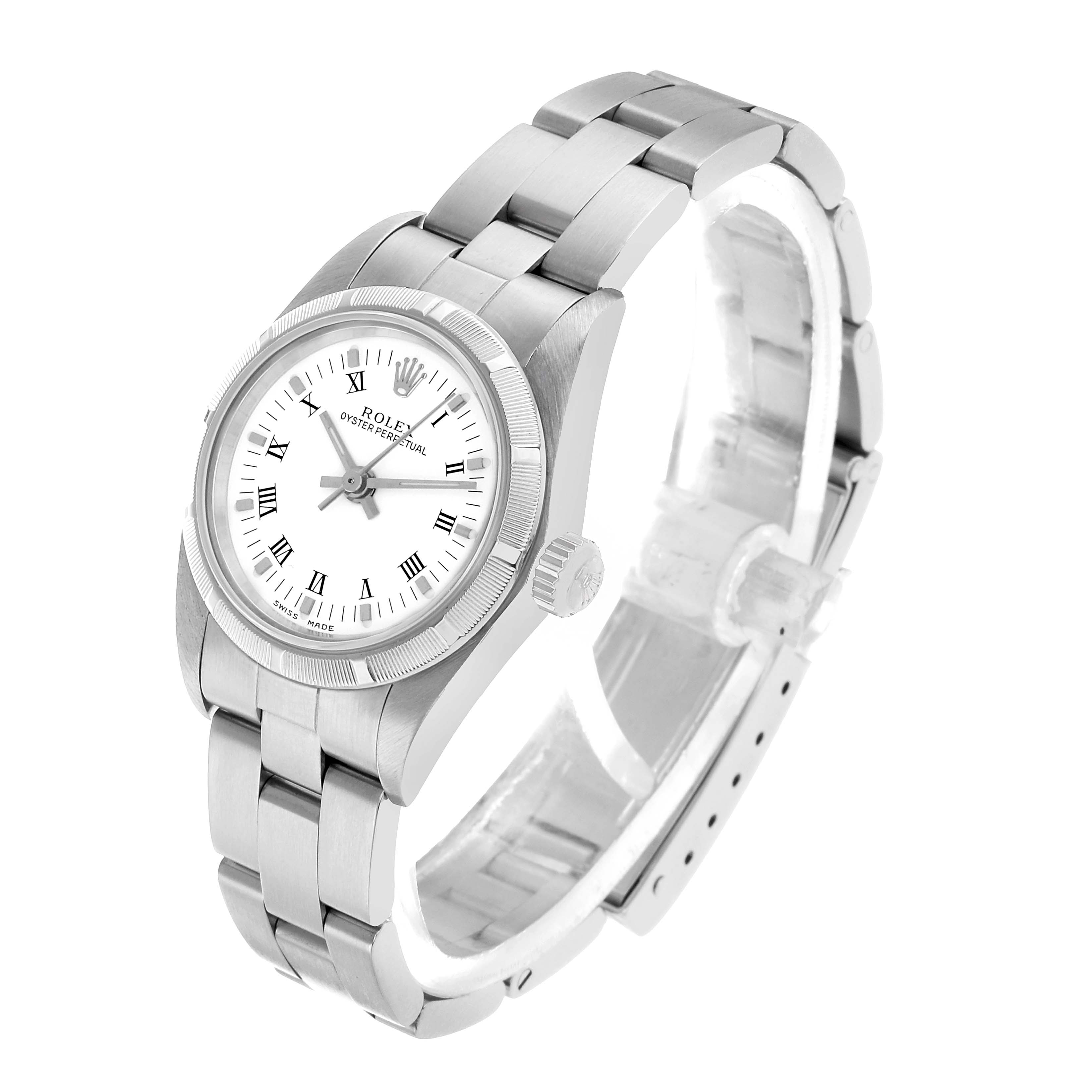 The Rolex Oyster Perpetual 76030 Women's Stainless Steel White Dial watch is shown at a three-quarter angle, highlighting the face, bezel, crown, and bracelet.