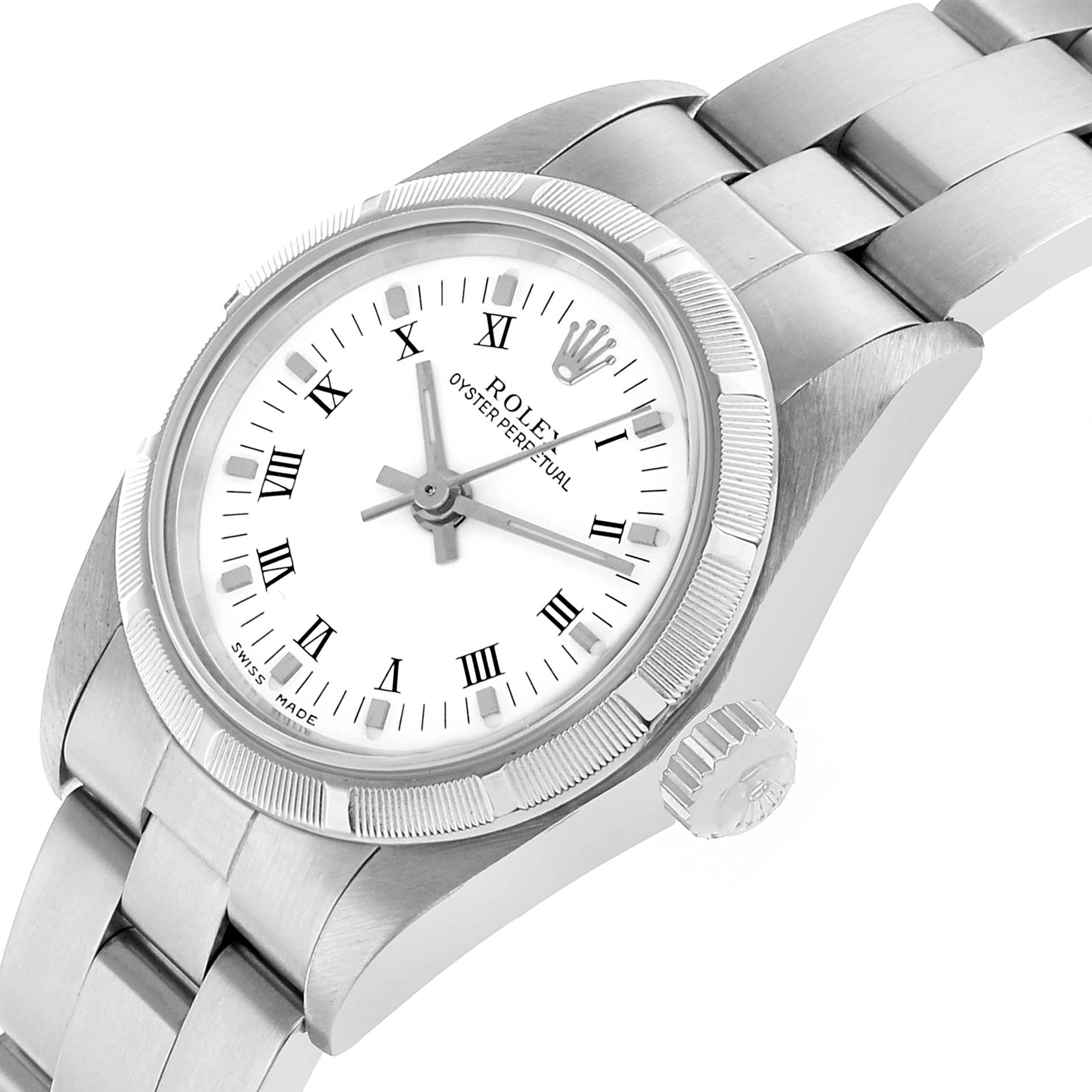 The Rolex Oyster Perpetual 76030 Women's Stainless Steel White Dial watch is shown at a tilted angle, displaying the face, case, bezel, crown, and part of the bracelet.