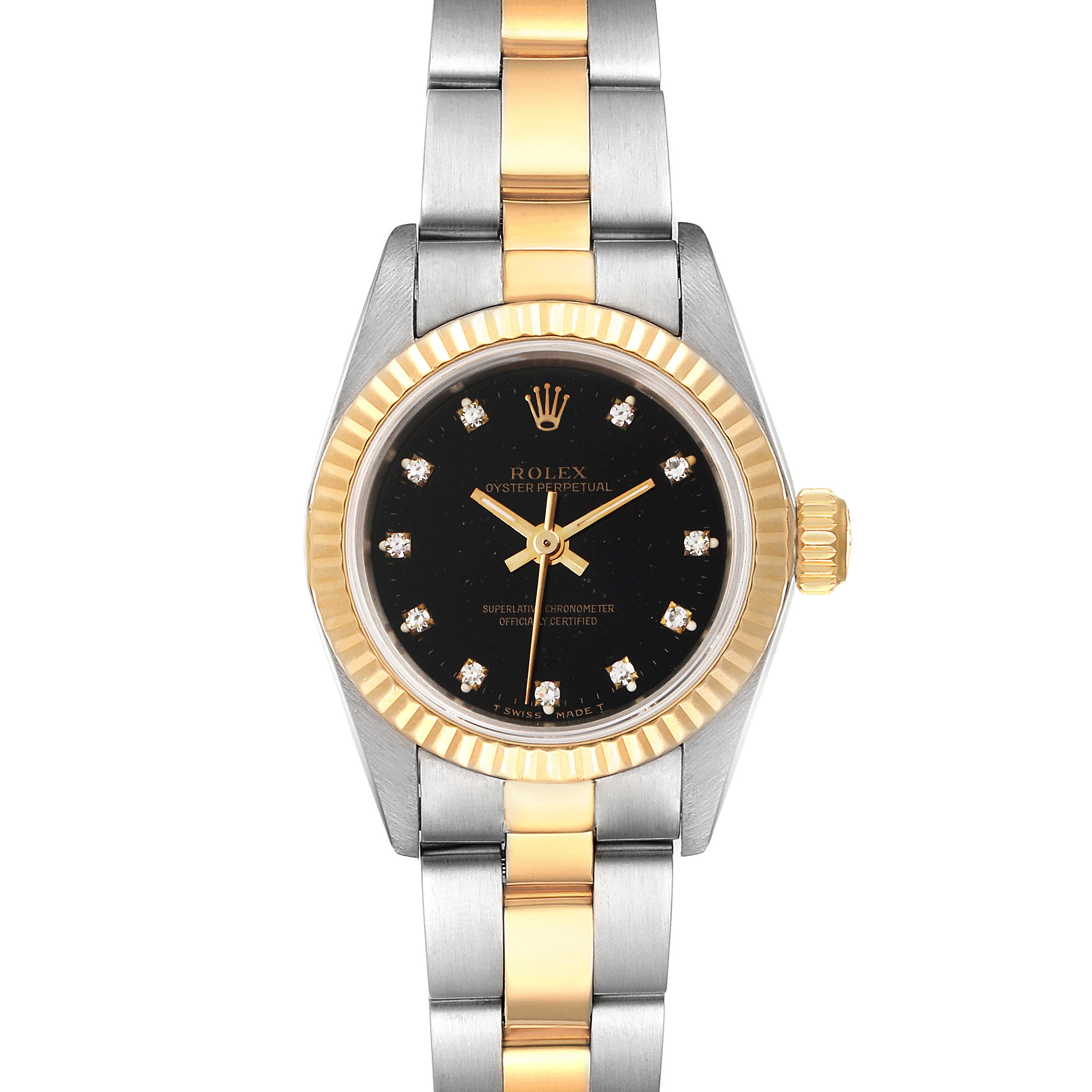 This is a front-facing view of a Rolex Oyster Perpetual 67193 Women
s Steel and Gold (two tone) Black Dial 67193 Women
s Steel and Gold (two tone) Black Dial watch showcasing its black dial, gold hour markers, and two-tone metal bracelet.