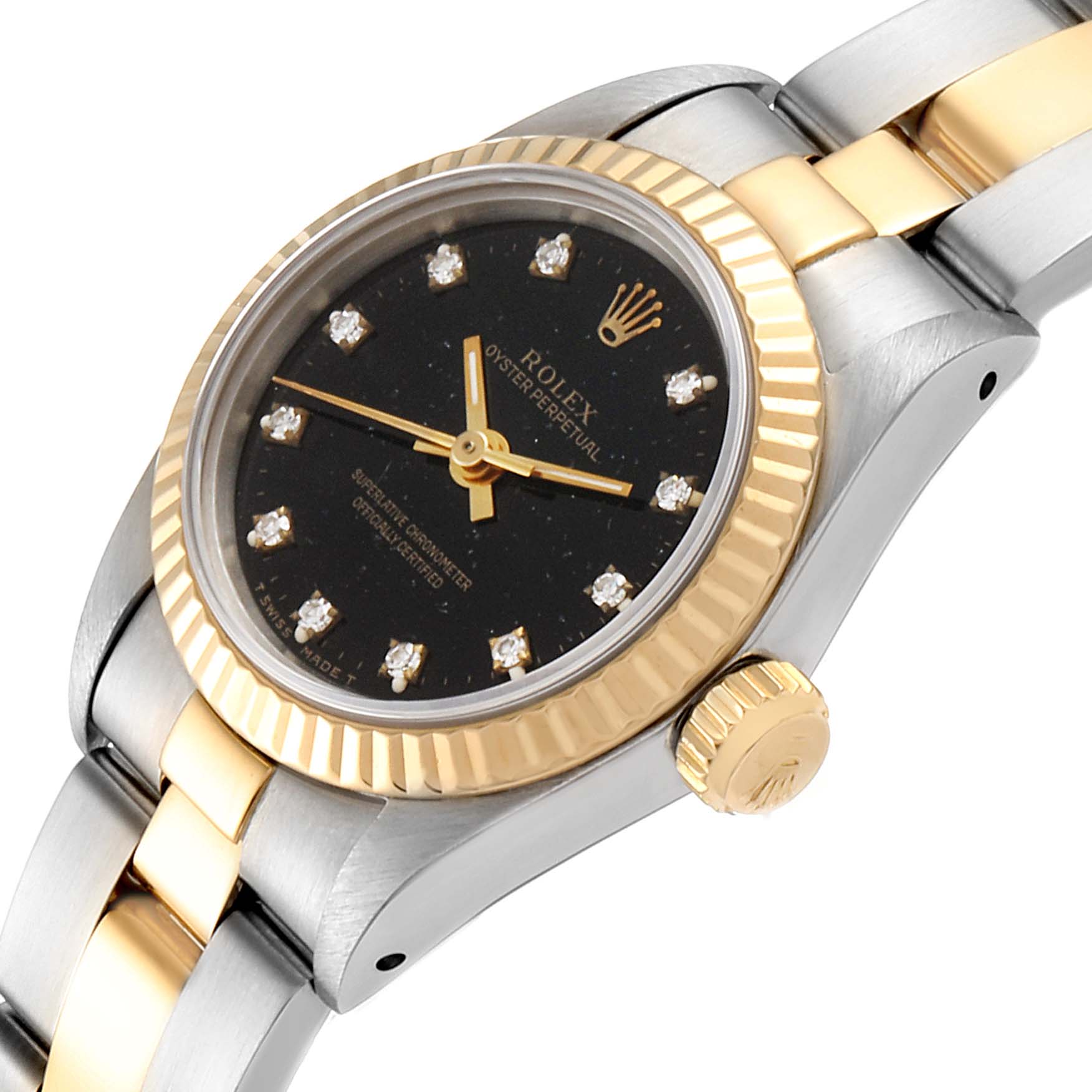 The image shows a close-up, angled view of a Rolex Oyster Perpetual 67193 Women
s Steel and Gold (two tone) Black Dial 67193 Women
s Steel and Gold (two tone) Black Dial watch, highlighting the dial, bezel, crown, and part of the bracelet.