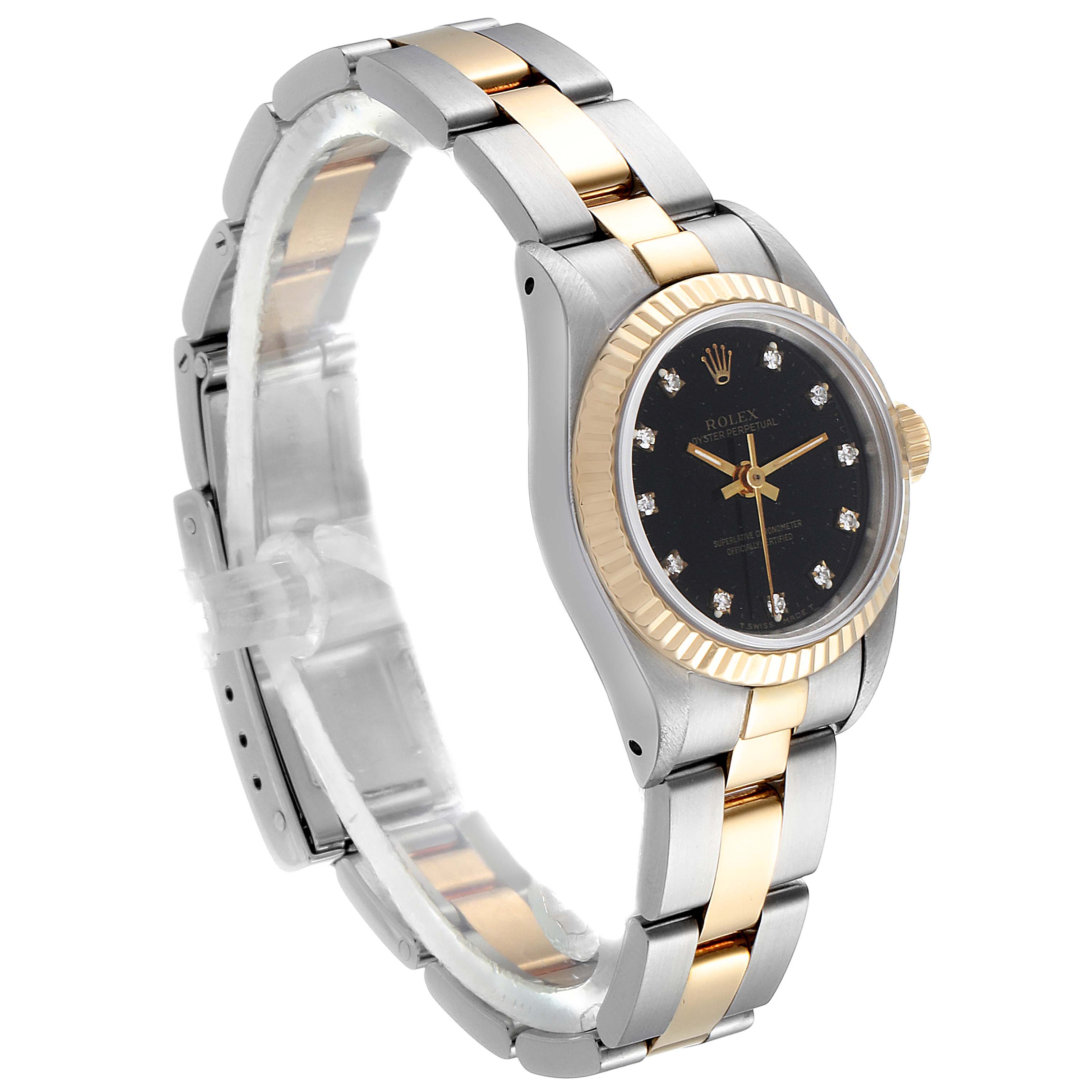 The image shows a Rolex Oyster Perpetual 67193 Women
s Steel and Gold (two tone) Black Dial 67193 Women
s Steel and Gold (two tone) Black Dial watch from a front-side angle, highlighting its two-tone band and black dial.