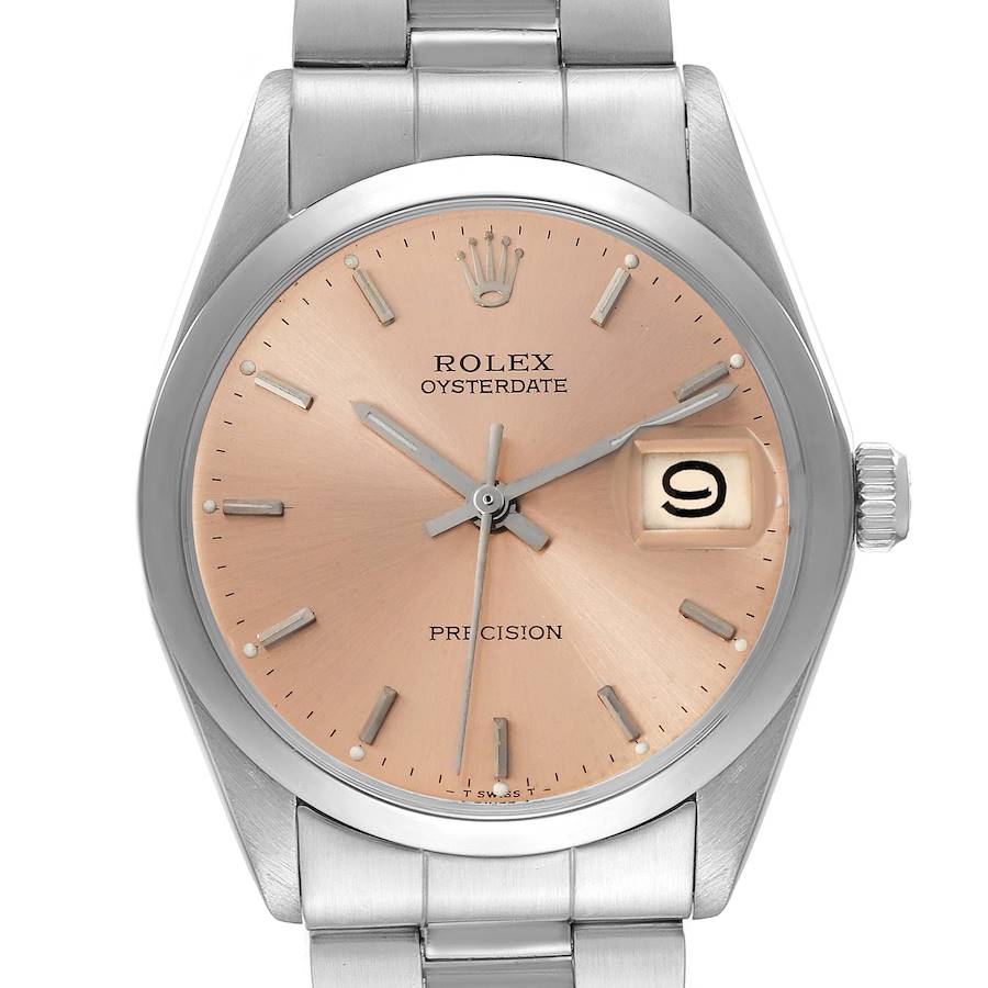 The Rolex Vintage Collection watch is shown from a front angle, displaying the dial, bezel, crown, and part of the bracelet.