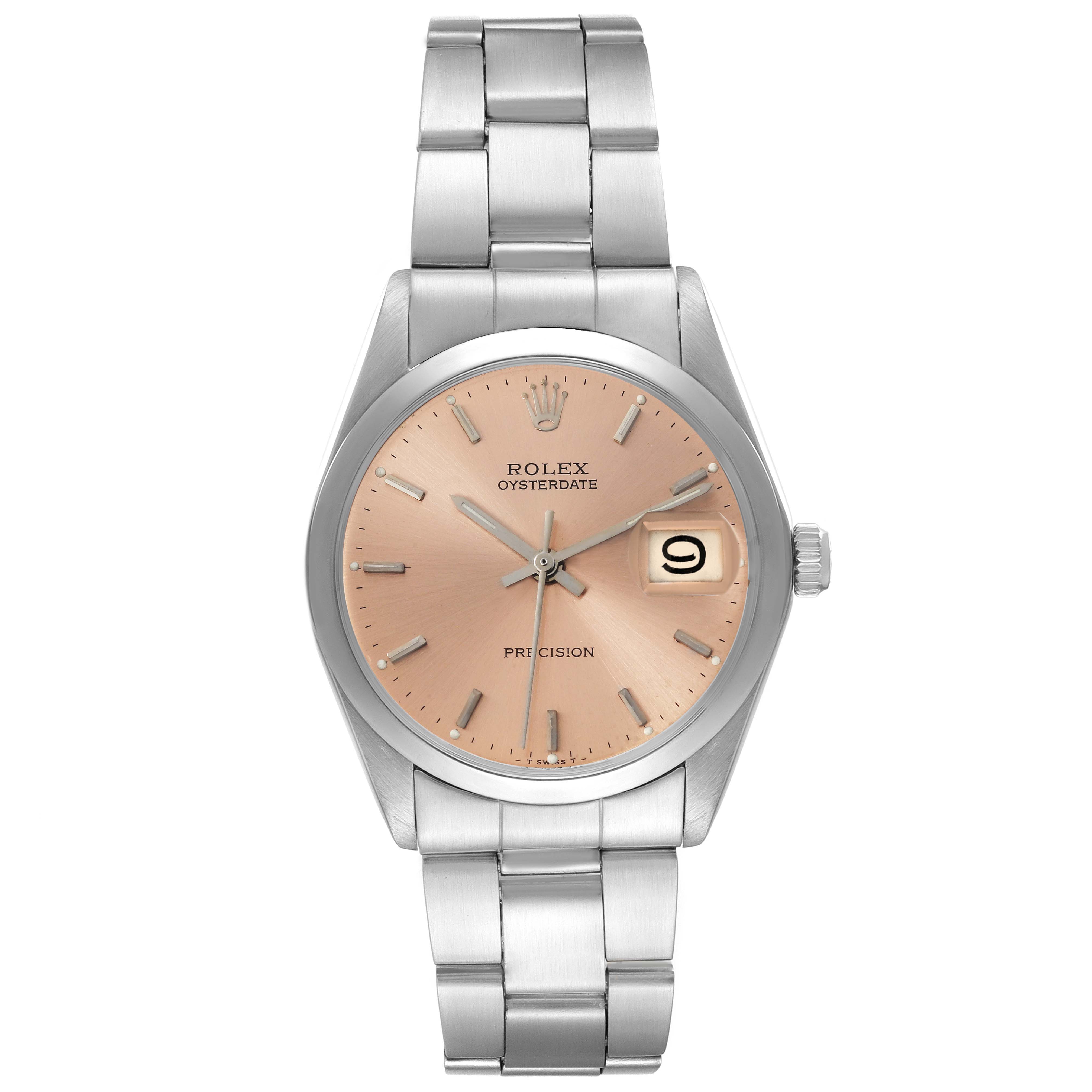 The Rolex Vintage Collection 6694 Men's Stainless Steel Pink Dial 6694 Men's Stainless Steel Pink Dial watch is shown from the front, displaying the dial, hands, bracelet, and date window.