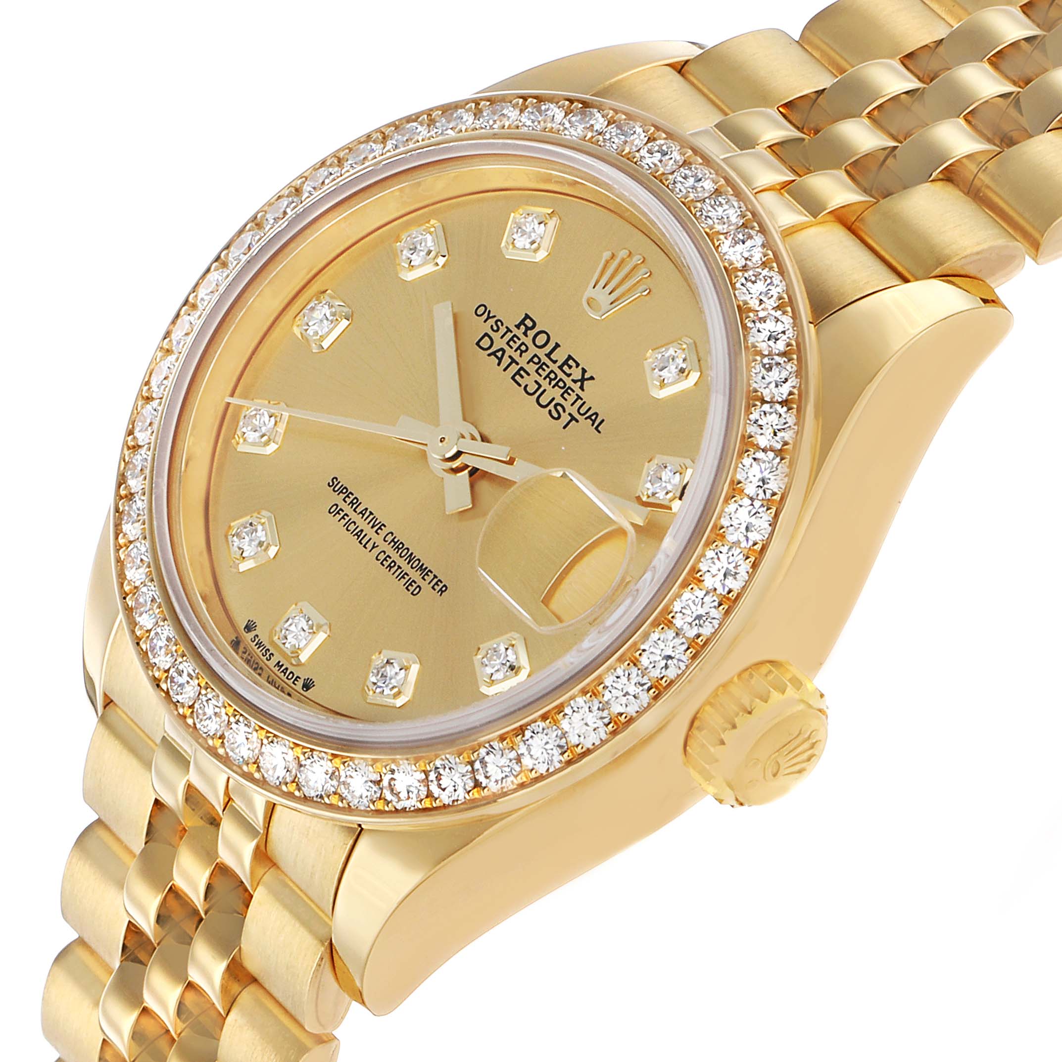 The Rolex President 279138 Women's Yellow Gold Champagne Dial model is shown from an angled view, highlighting the diamond bezel, dial, bracelet, and crown.