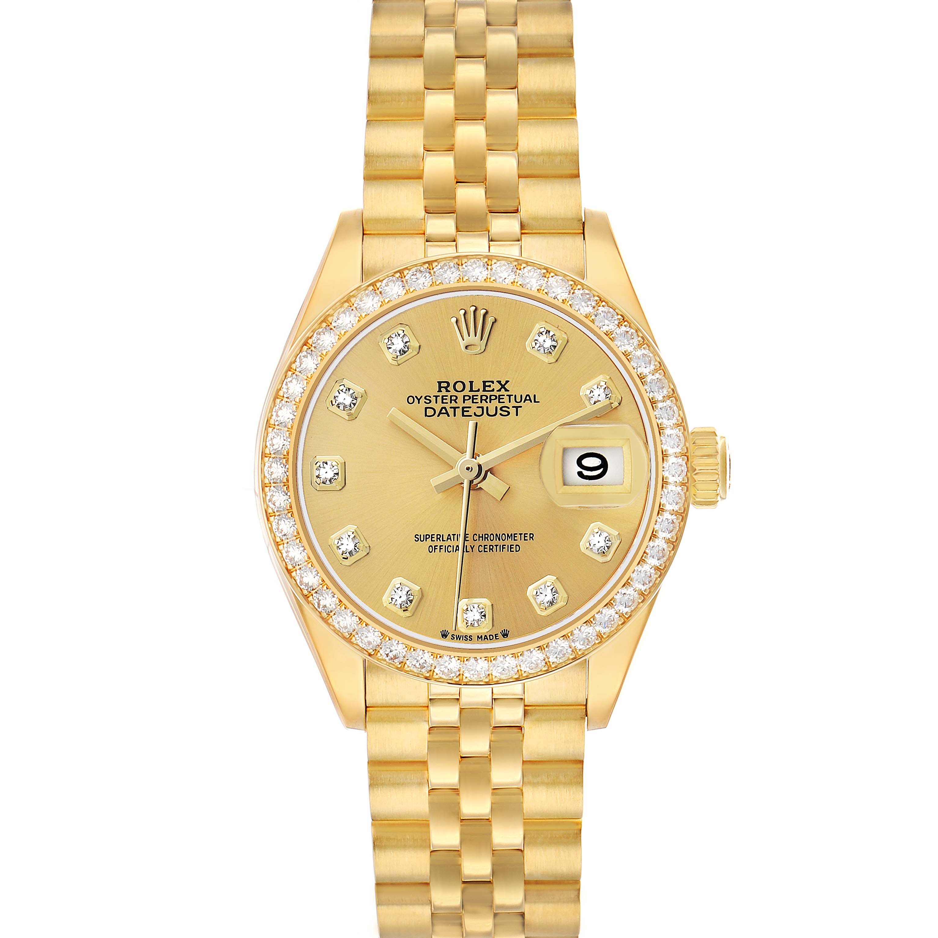 The Rolex President 279138 Women's Yellow Gold Champagne Dial watch is shown from a front angle, highlighting the dial, bezel, and bracelet.