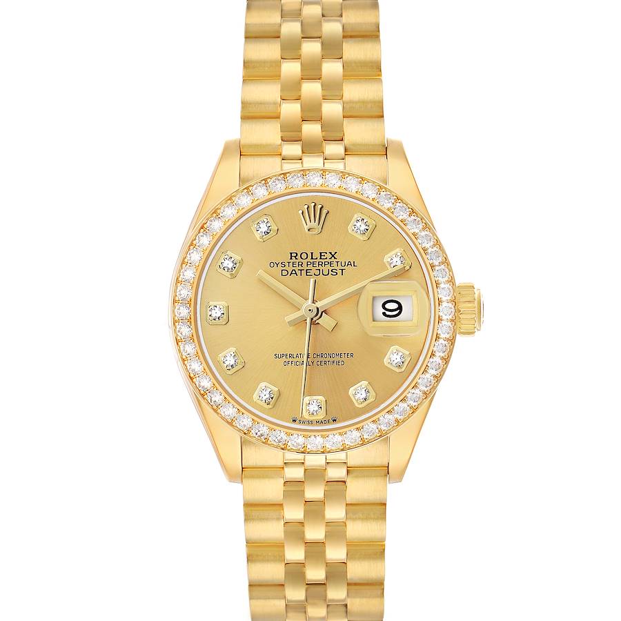 The Rolex President 279138 Women's Yellow Gold Champagne Dial watch is shown from a front angle, highlighting the dial, bezel, and bracelet.