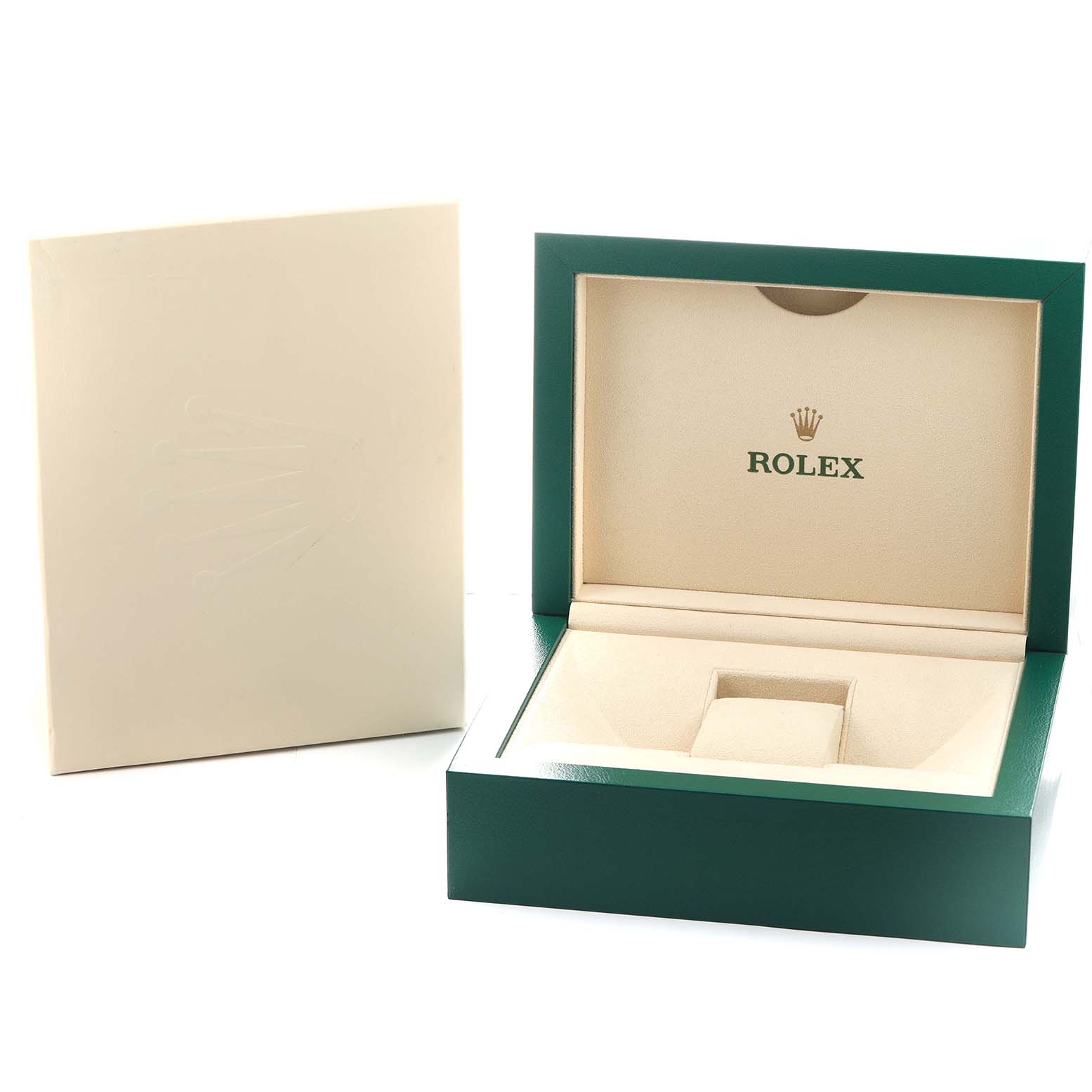 The image shows an open Rolex watch box for the President model, viewed from the front with a manual beside it.