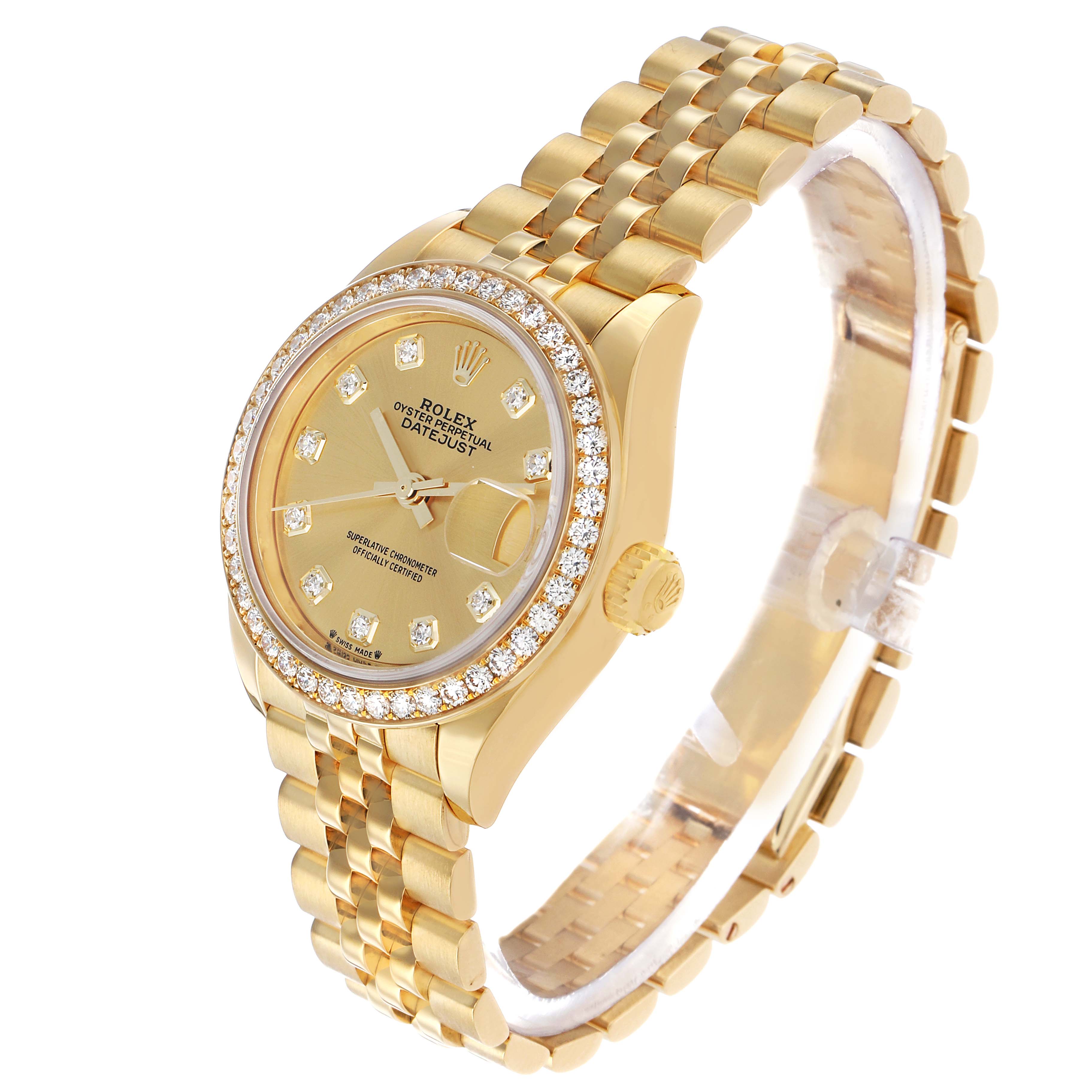 The Rolex President 279138 Women's Yellow Gold Champagne Dial watch is shown at a slight angle, displaying its gold case, diamond bezel, dial, and the signature bracelet.