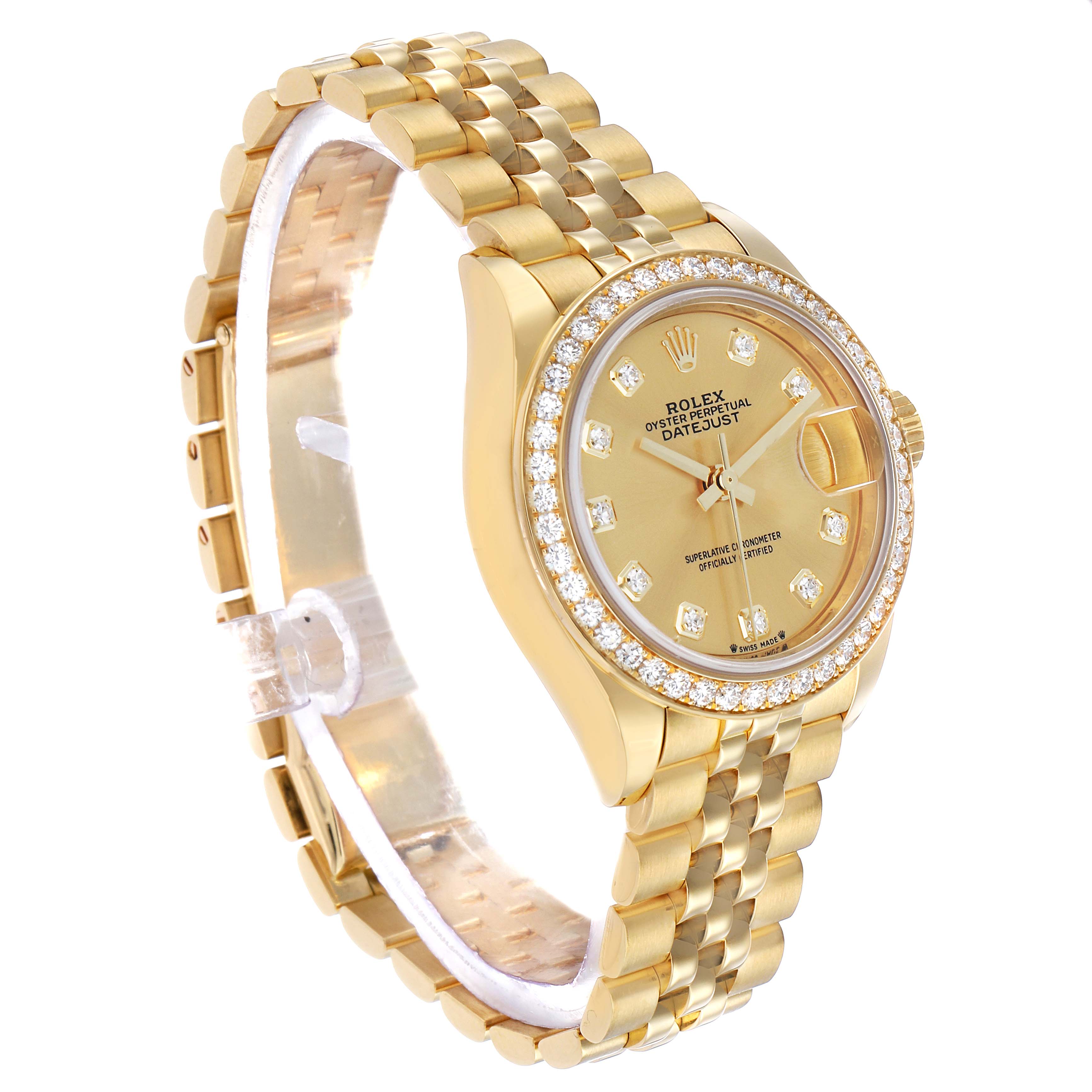 The Rolex President 279138 Women's Yellow Gold Champagne Dial model is shown at a slight angle, displaying the dial, bezel, band, and crown.