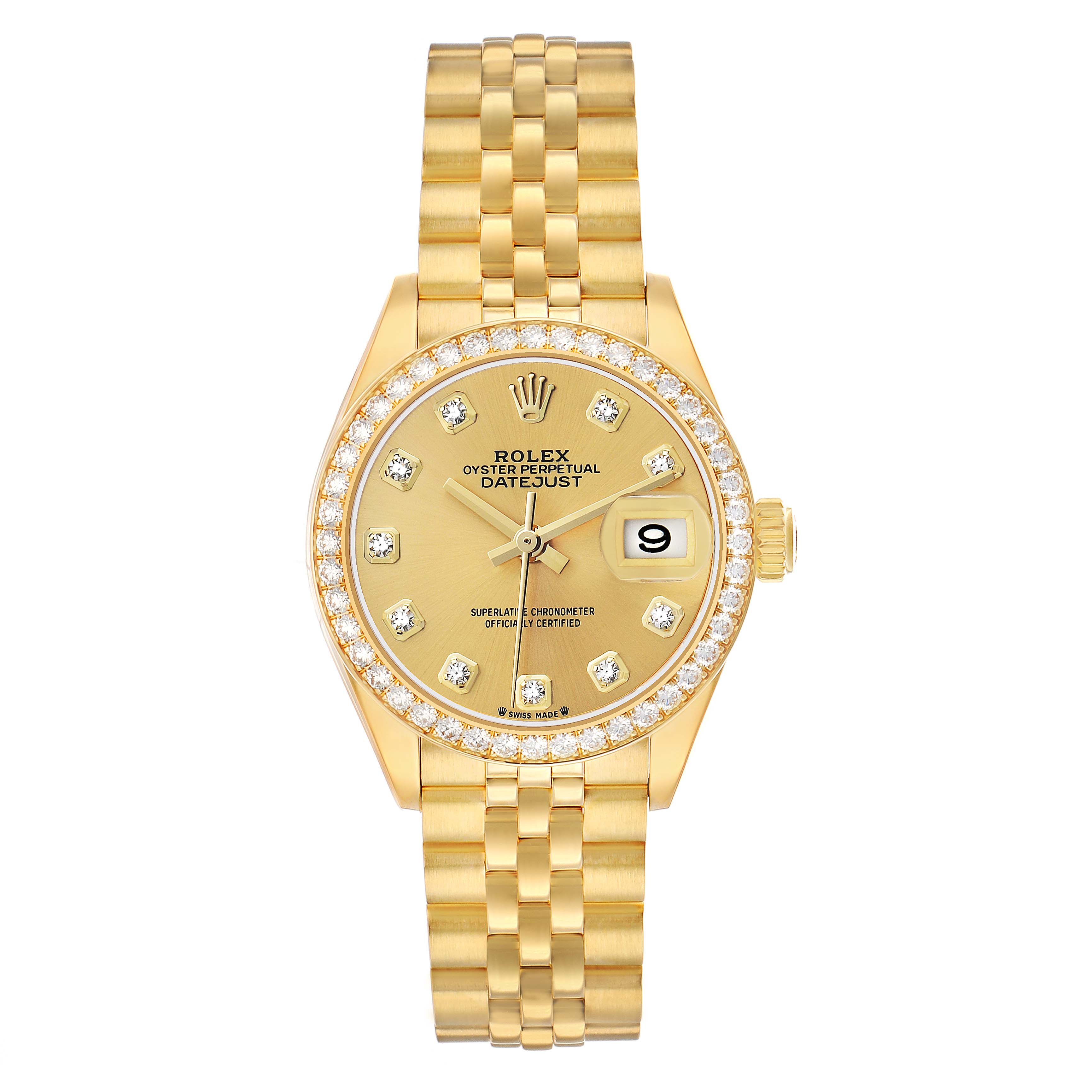 The Rolex President 279138 Women's Yellow Gold Champagne Dial model is shown from a top-down angle, displaying the bracelet, watch face, and bezel with diamond markers.