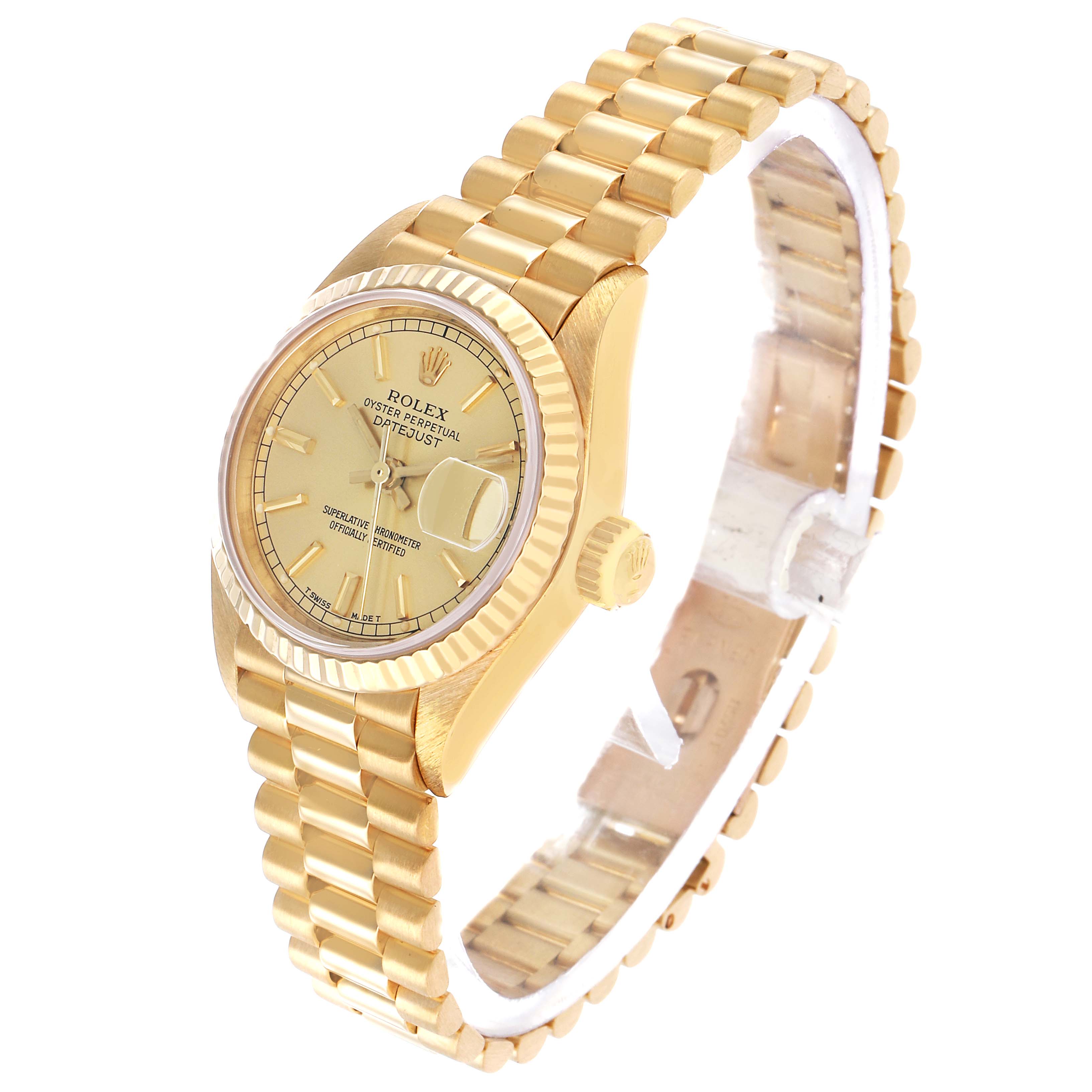 The Rolex President 69178 Women's Yellow Gold Champagne Dial watch is shown at a three-quarter angle, highlighting the dial, bracelet, and fluted bezel.