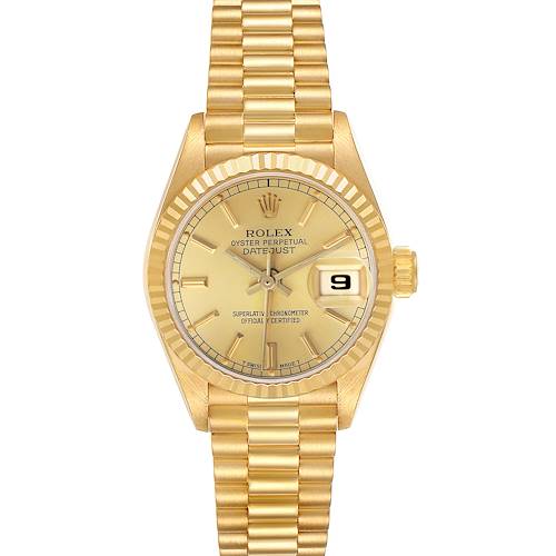 The Rolex President 69178 Women's Yellow Gold Champagne Dial model watch is shown from a top-down angle, displaying the face, fluted bezel, and part of the bracelet.