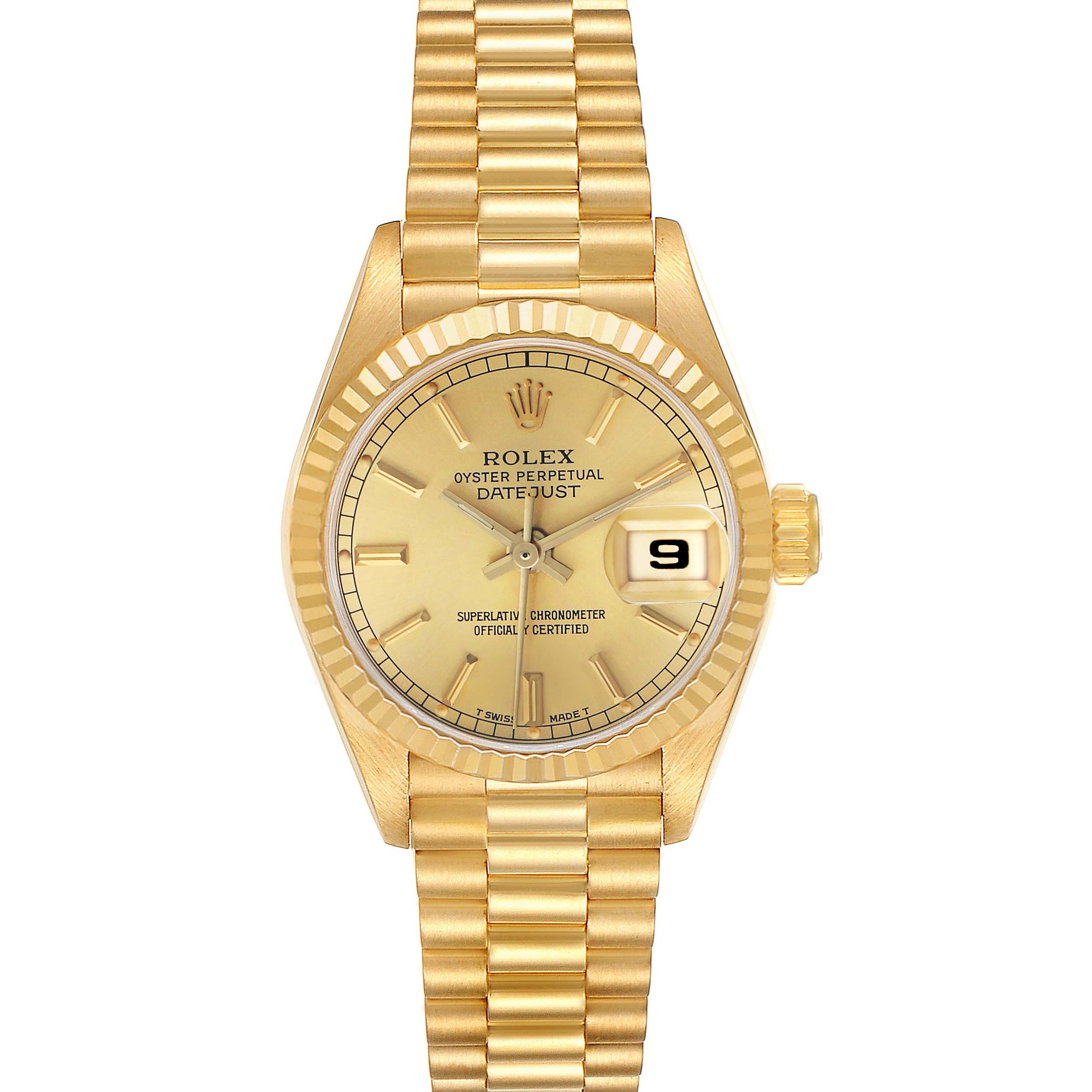 The Rolex President 69178 Women's Yellow Gold Champagne Dial model watch is shown in a front angle, displaying its gold dial, bezel, bracelet, and date window.
