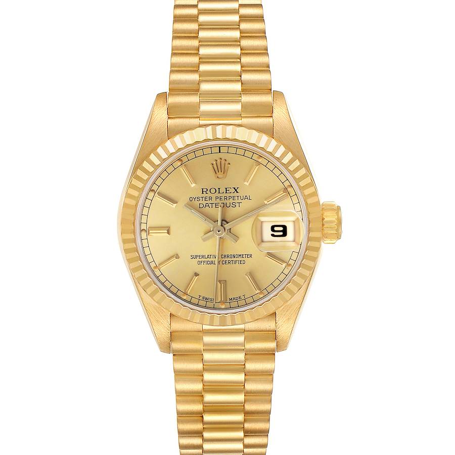 The Rolex President 69178 Women's Yellow Gold Champagne Dial model watch is shown in a front angle, displaying its gold dial, bezel, bracelet, and date window.