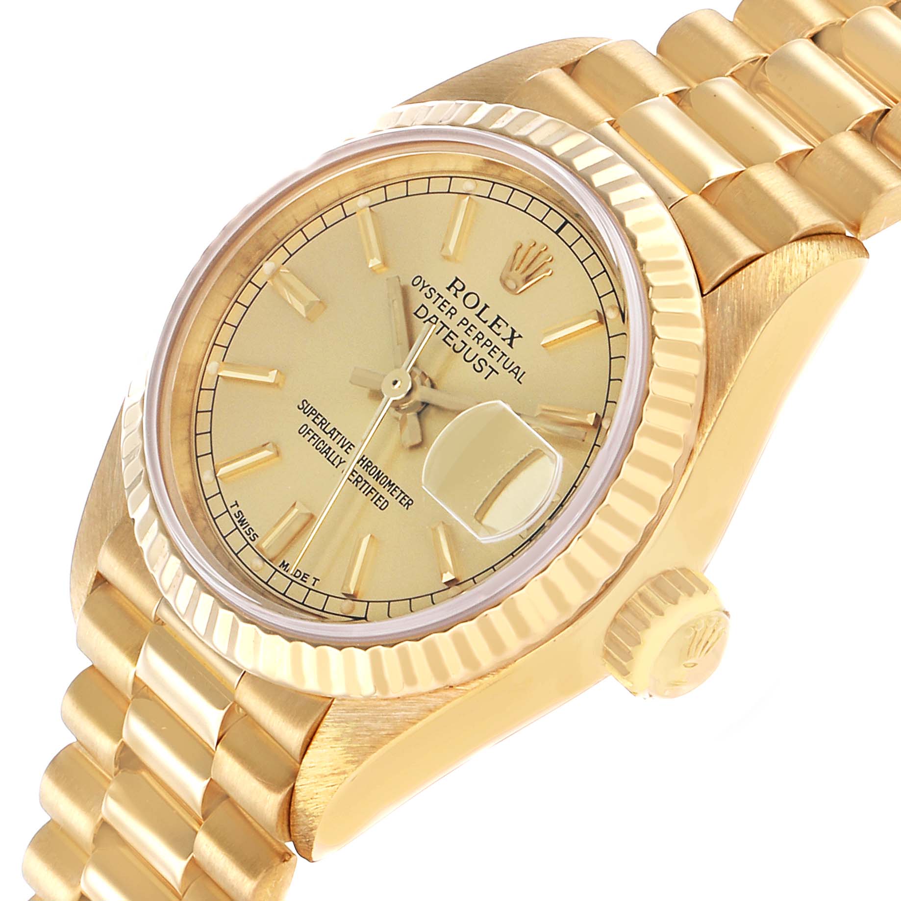 The Rolex President 69178 Women's Yellow Gold Champagne Dial model is shown at a slight angle, displaying the dial, bezel, and part of the bracelet.