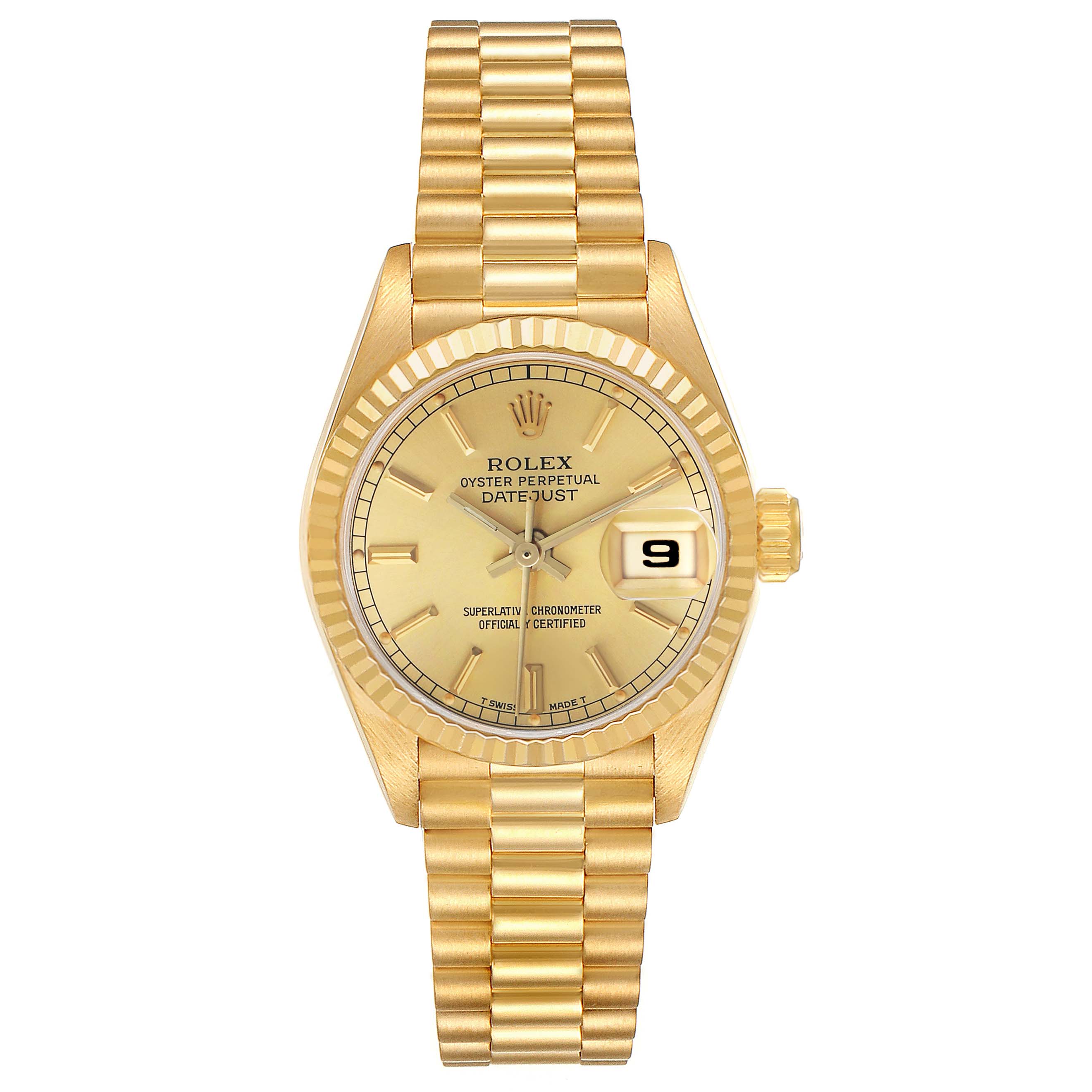 The Rolex President 69178 Women's Yellow Gold Champagne Dial watch is shown from the top, displaying the face, fluted bezel, and President bracelet.