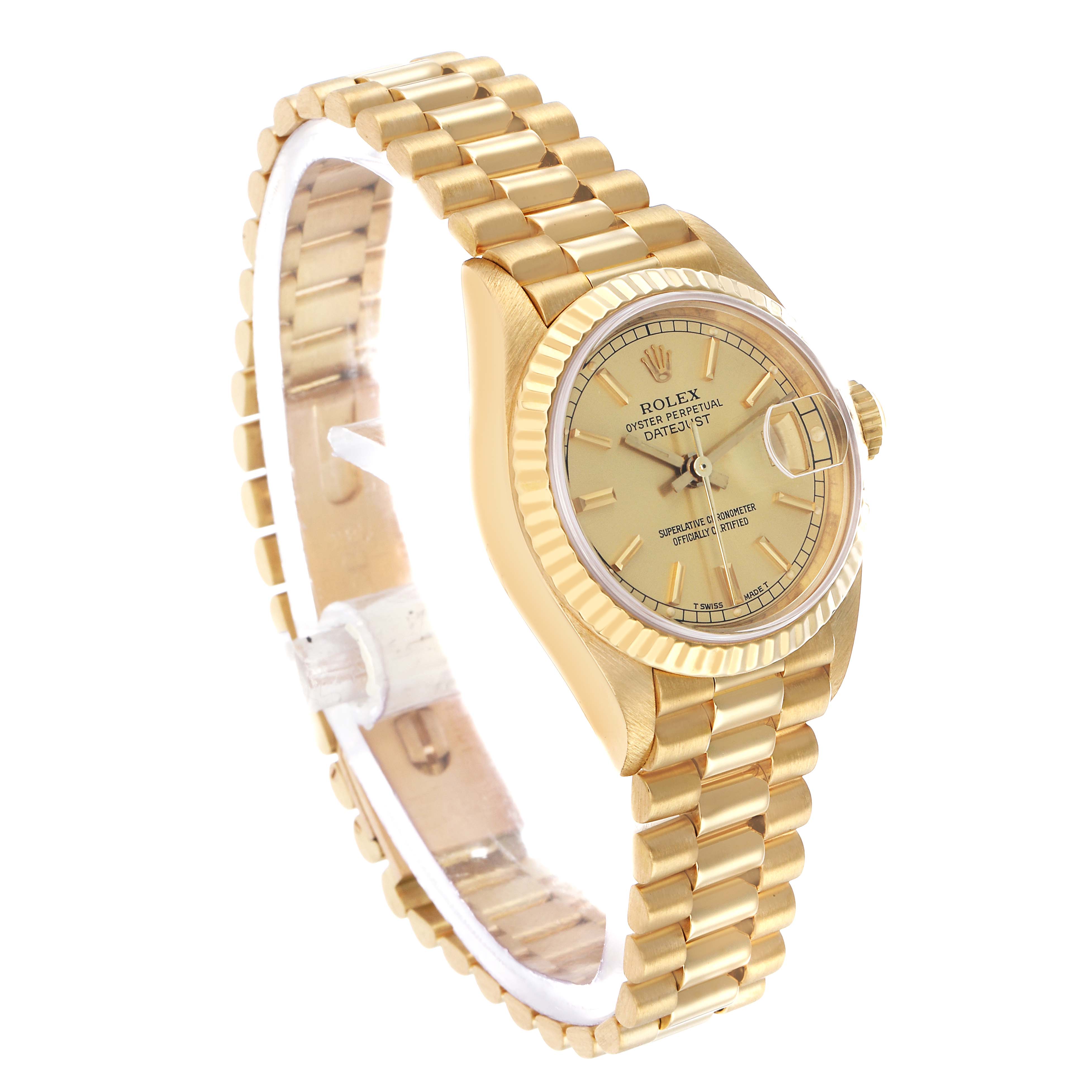 The Rolex President 69178 Women's Yellow Gold Champagne Dial model is shown at a three-quarter angle, displaying the watch face, bracelet, and side crown.