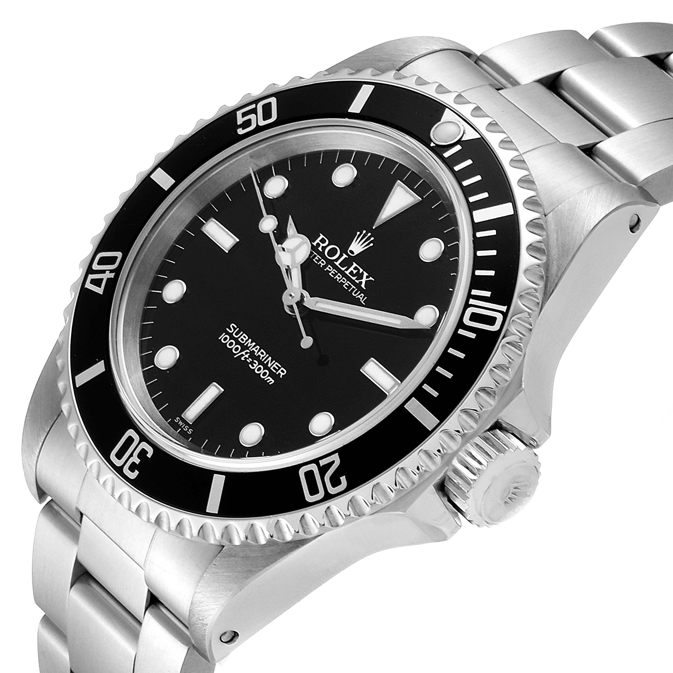 This image shows a side angle of the Rolex Submariner 14060 Men
s Stainless Steel Black Dial 14060 Men
s Stainless Steel Black Dial watch, highlighting the bezel, dial, crown, and part of the bracelet.