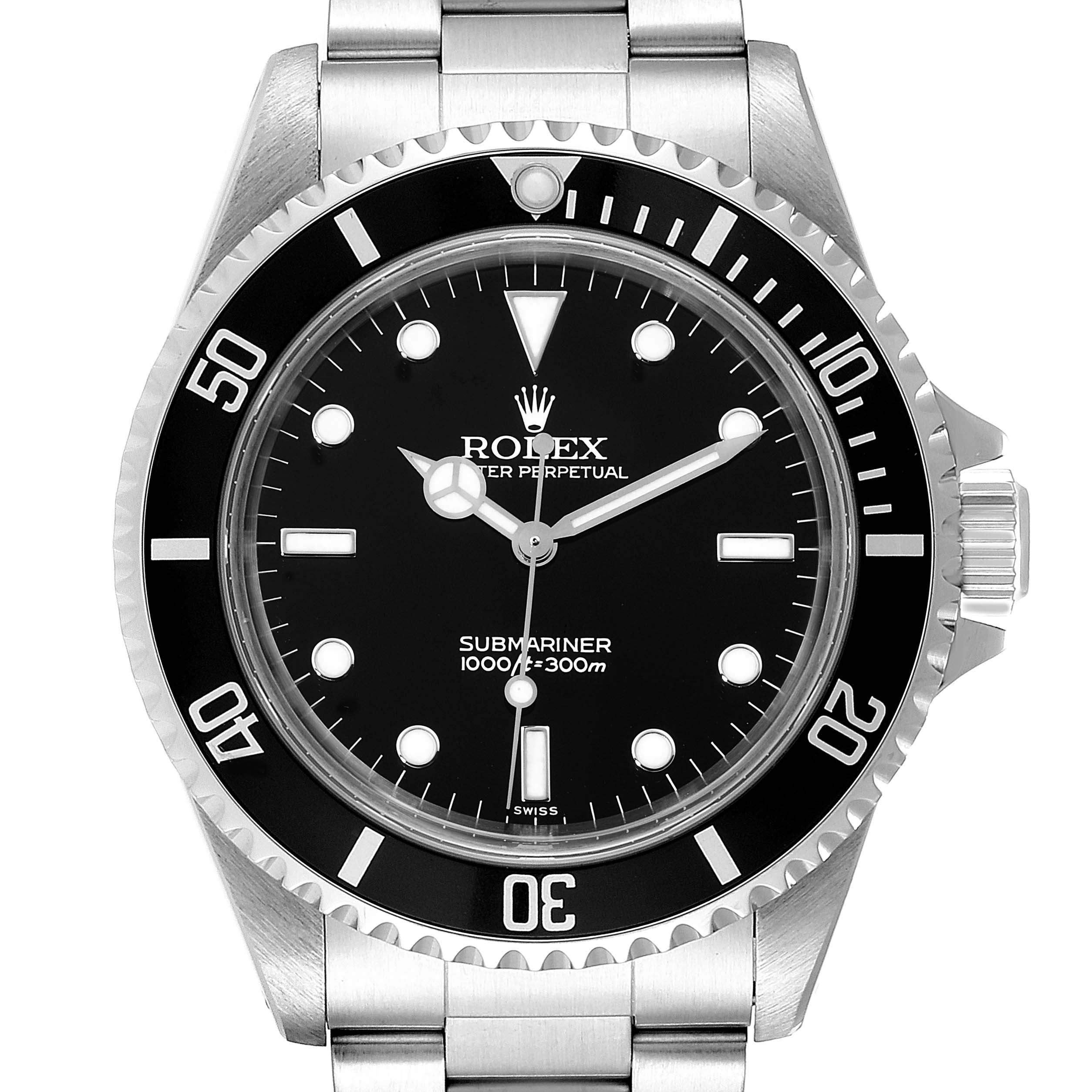 This image shows a front view of the Rolex Submariner 14060 Men
s Stainless Steel Black Dial 14060 Men
s Stainless Steel Black Dial watch, displaying its dial, bezel, crown, and part of the bracelet.
