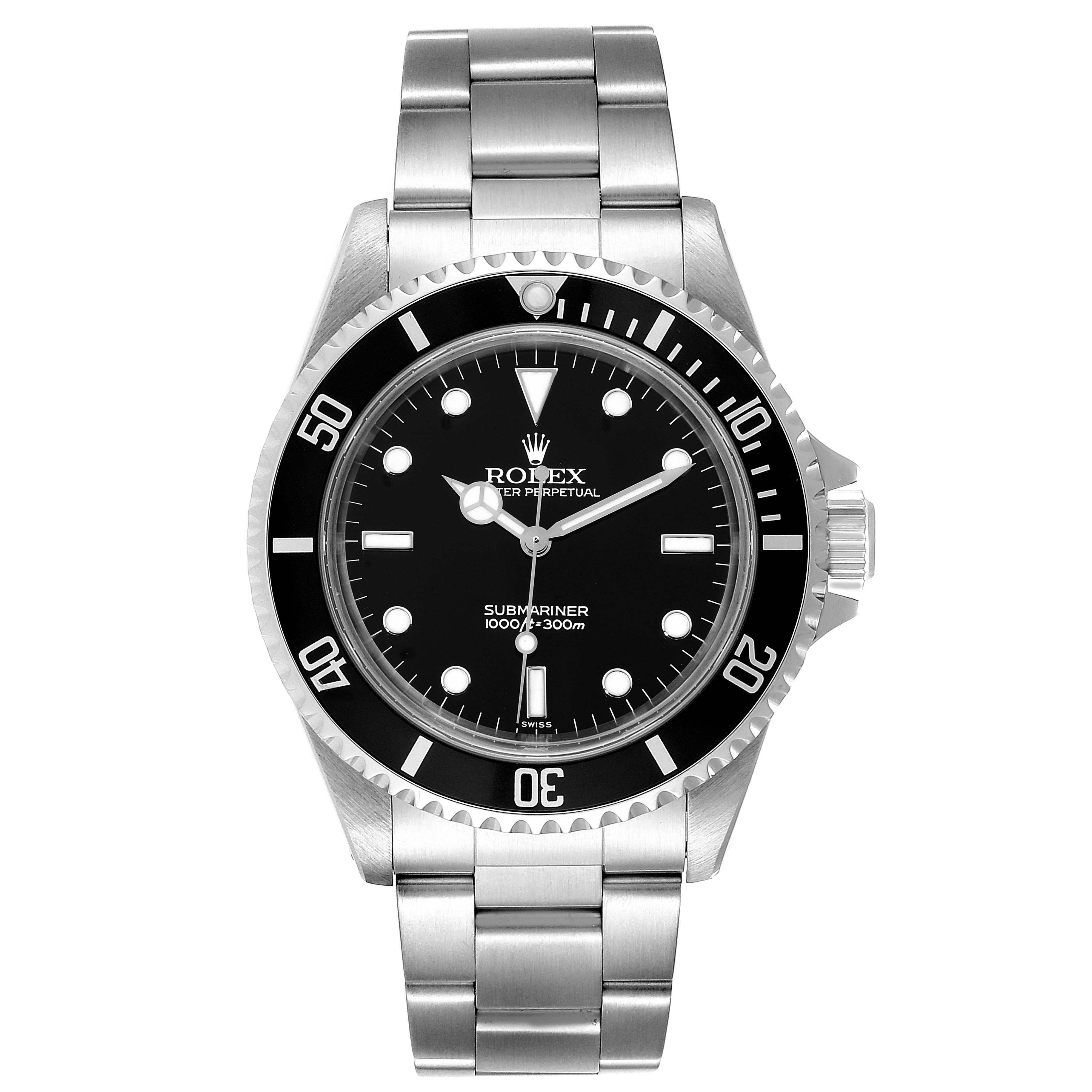 This image shows a front view of the Rolex Submariner 14060 Men
s Stainless Steel Black Dial 14060 Men
s Stainless Steel Black Dial watch, highlighting its black dial and stainless steel bracelet.