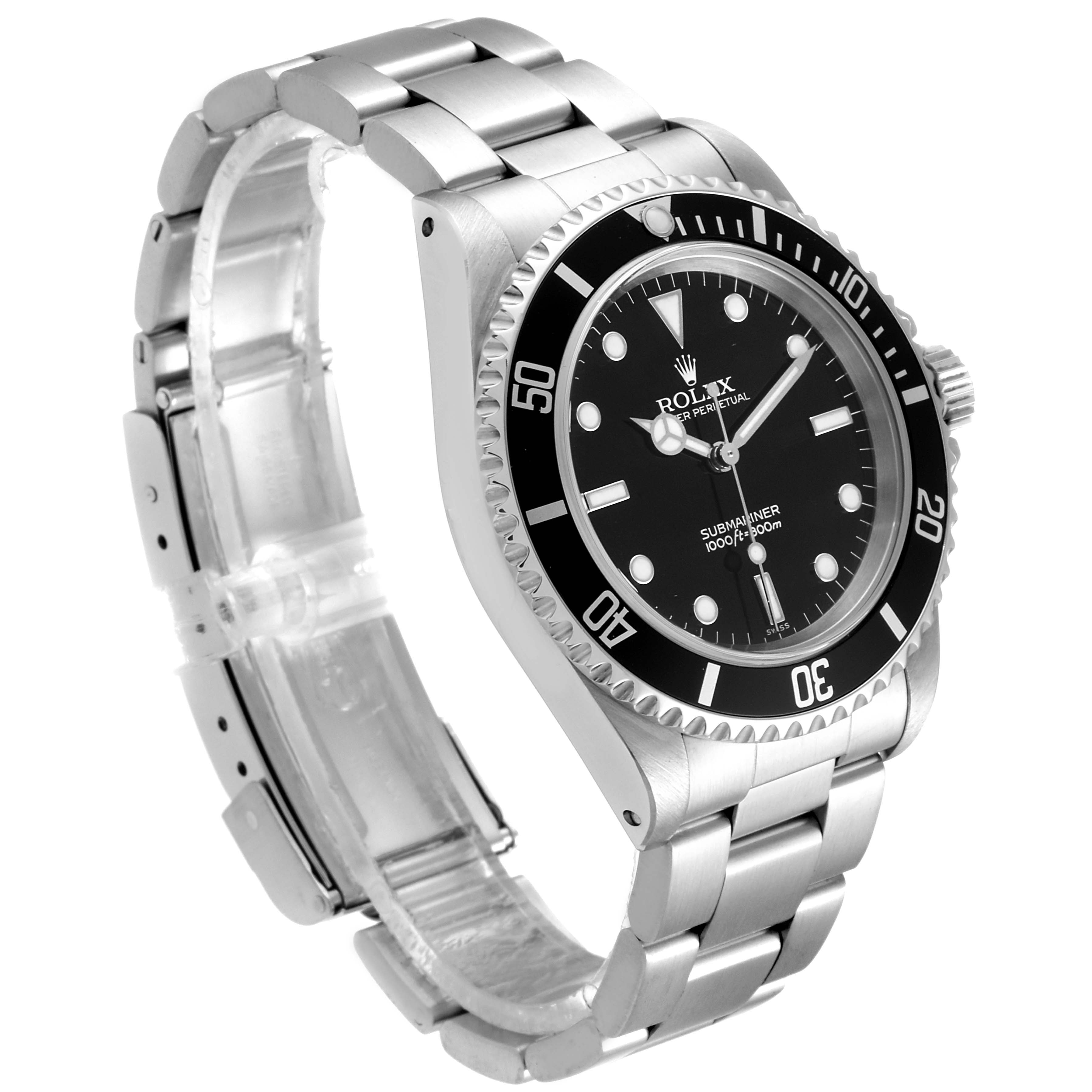 The image shows a side angle of a Rolex Submariner 14060 Men
s Stainless Steel Black Dial 14060 Men
s Stainless Steel Black Dial watch, highlighting the metal bracelet, bezel, and black dial.