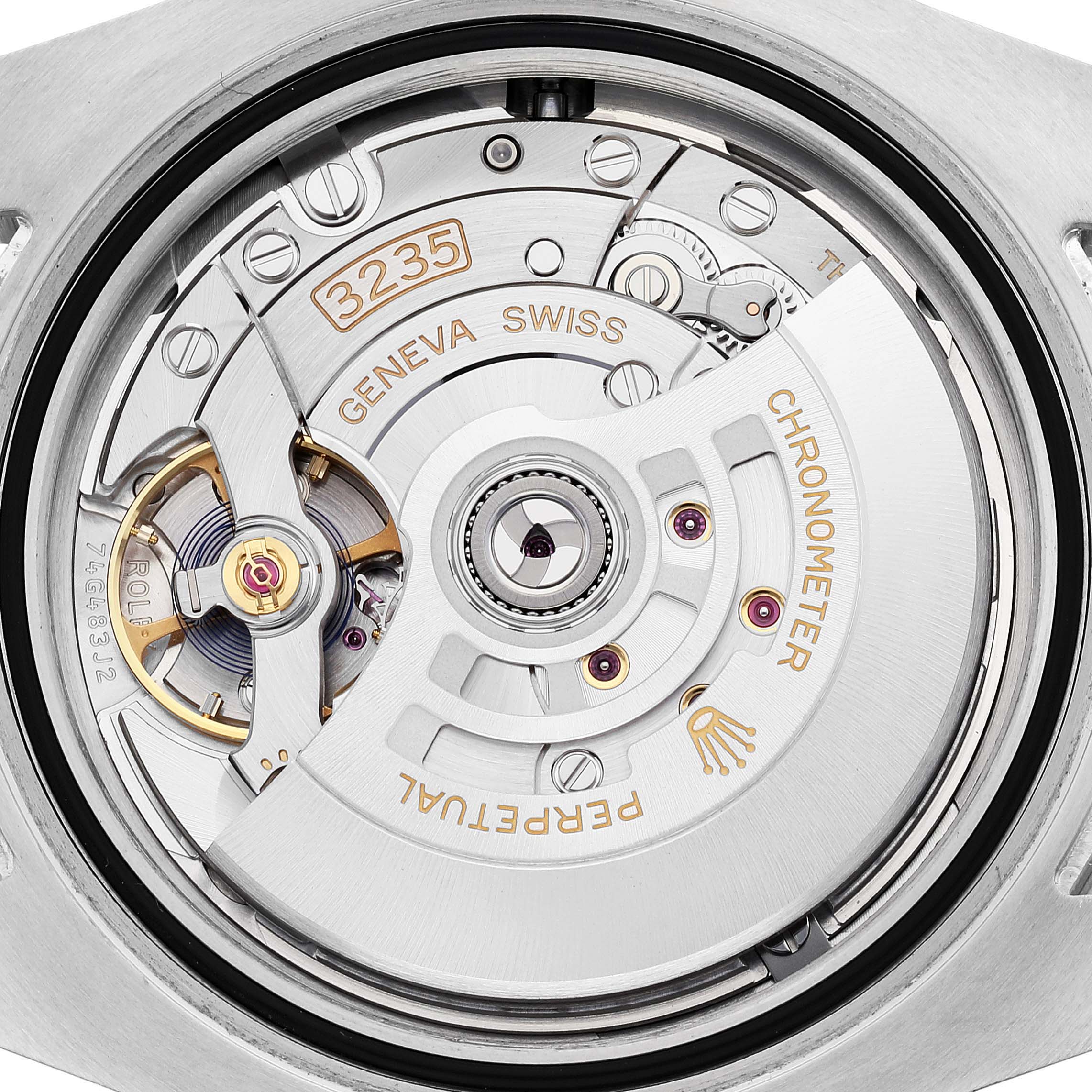 The image shows the movement of the Rolex Submariner 126610LN Men
s Stainless Steel Black Dial 126610LN Men
s Stainless Steel Black Dial watch, model 3235, viewed from the back.