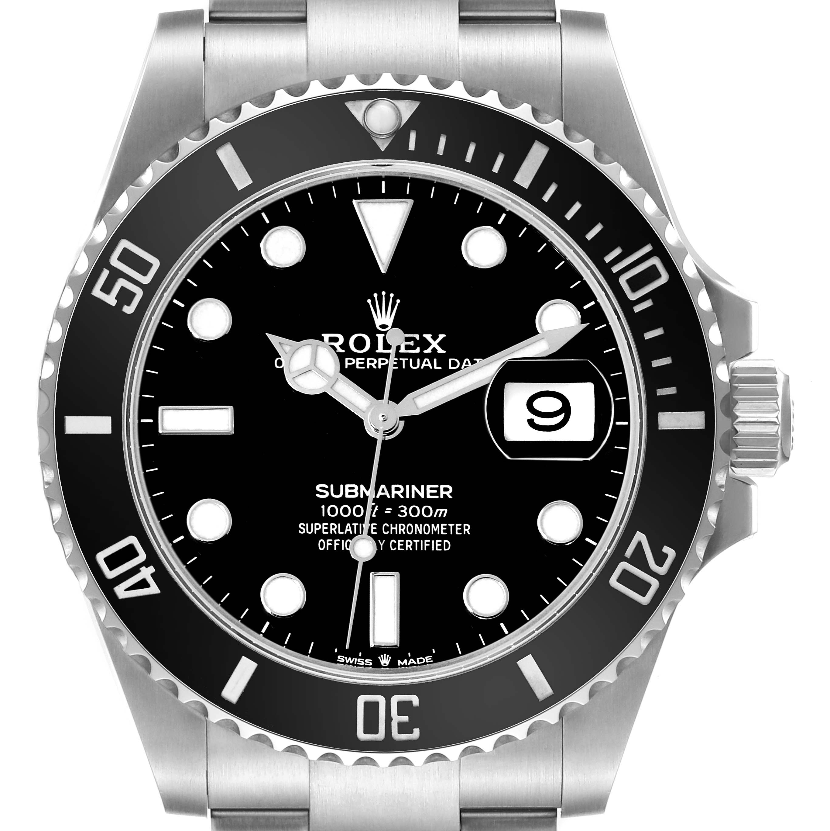 The image shows a front view of a Rolex Submariner 126610LN Men
s Stainless Steel Black Dial 126610LN Men
s Stainless Steel Black Dial watch, highlighting the dial, bezel, and bracelet.