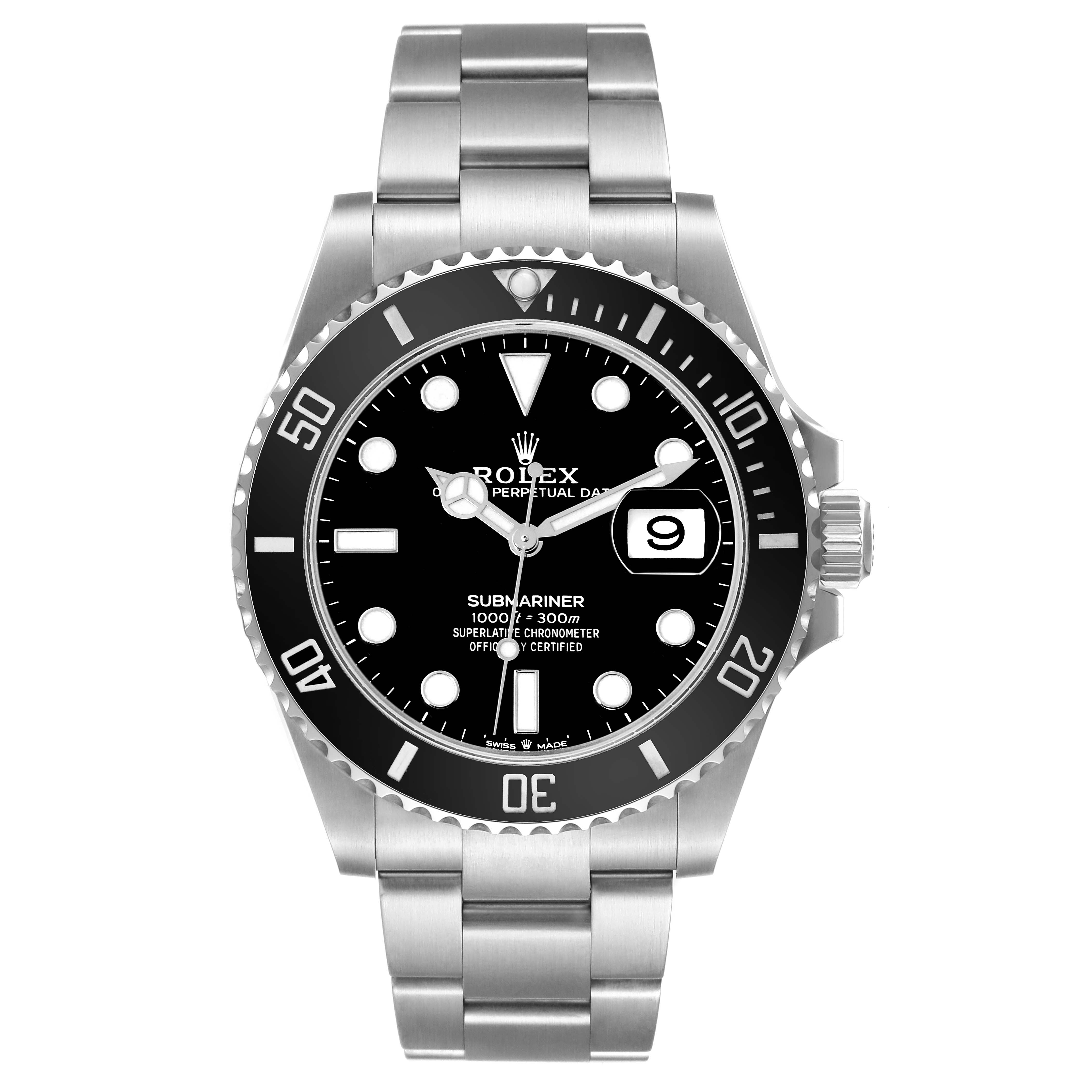 The image shows a frontal view of a Rolex Submariner 126610LN Men
s Stainless Steel Black Dial 126610LN Men
s Stainless Steel Black Dial watch, highlighting its dial, bezel, and stainless-steel bracelet.