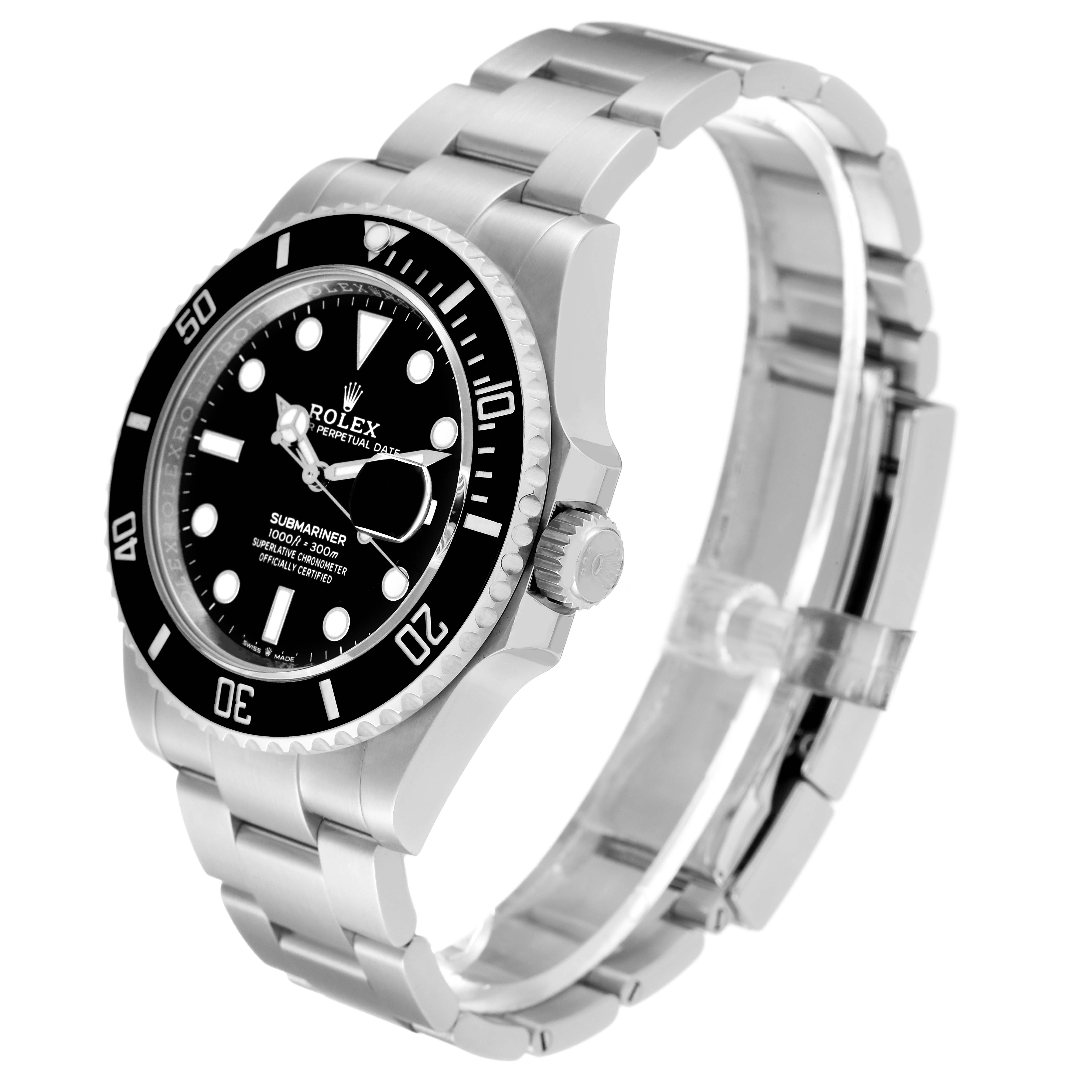 The image shows a Rolex Submariner 126610LN Men
s Stainless Steel Black Dial 126610LN Men
s Stainless Steel Black Dial watch at a three-quarter angle, highlighting the face, bezel, and part of the bracelet.