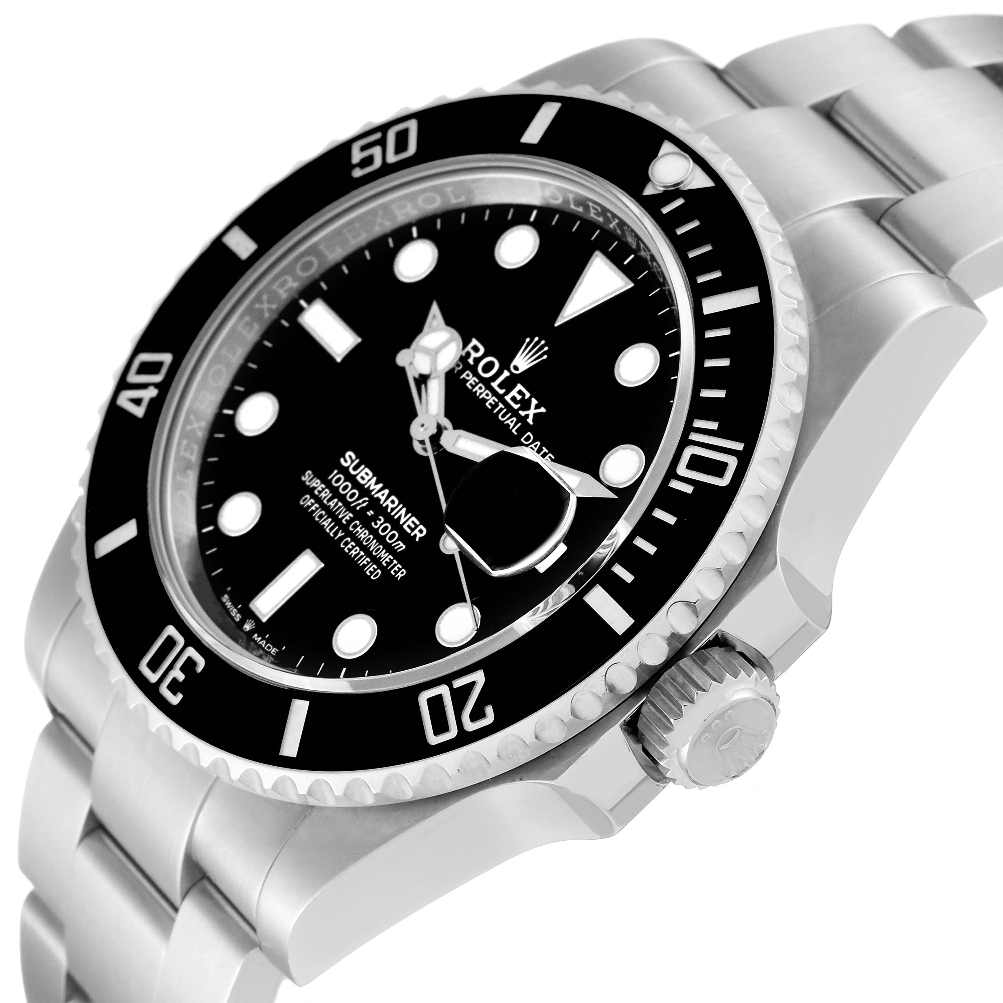 This image shows a close-up angle of a Rolex Submariner 126610LN Men
s Stainless Steel Black Dial 126610LN Men
s Stainless Steel Black Dial watch, highlighting the black dial, bezel, crown, and part of the silver bracelet.