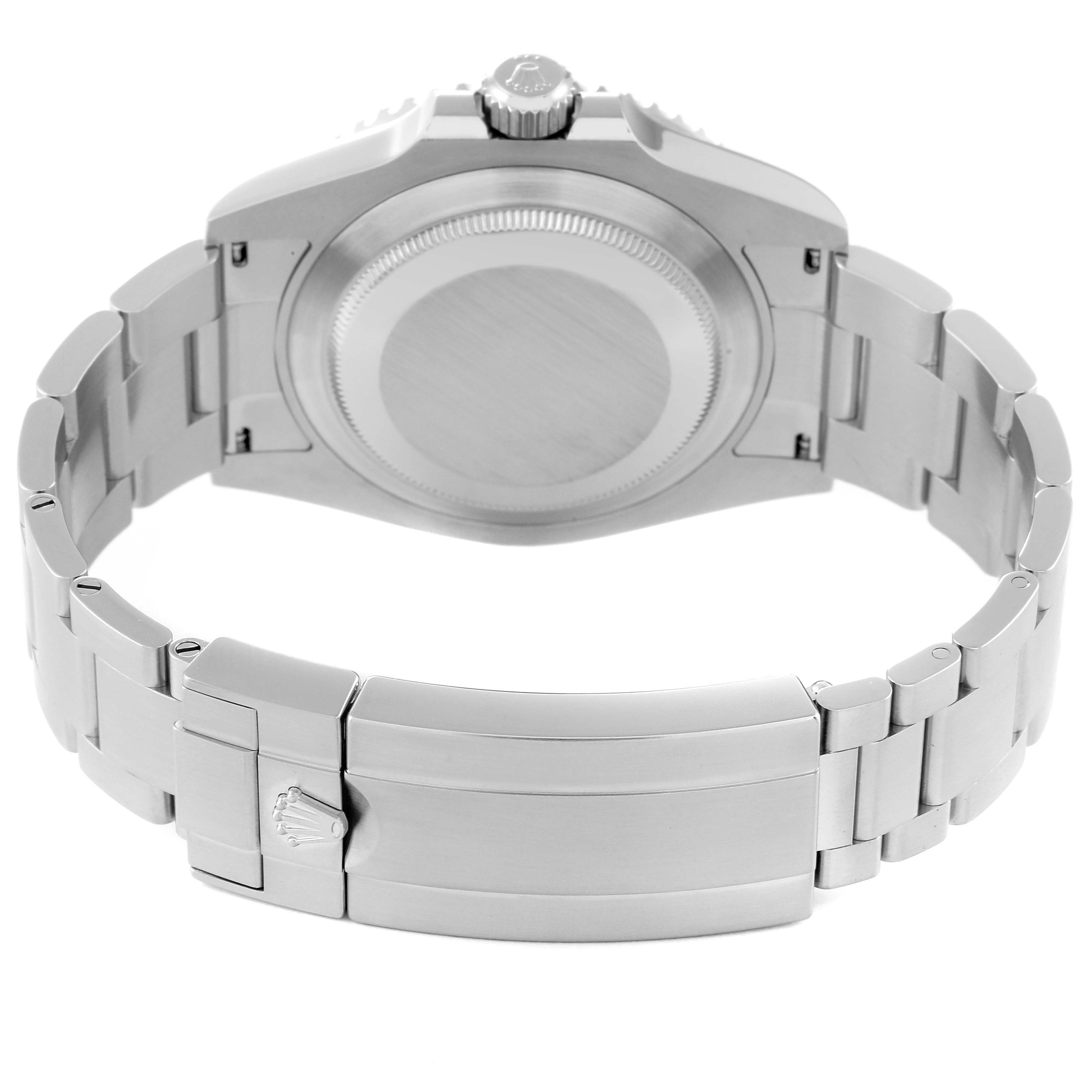 This image shows the backside of a Rolex Submariner 126610LN Men
s Stainless Steel Black Dial 126610LN Men
s Stainless Steel Black Dial watch, highlighting its clasp, bracelet, and case back.